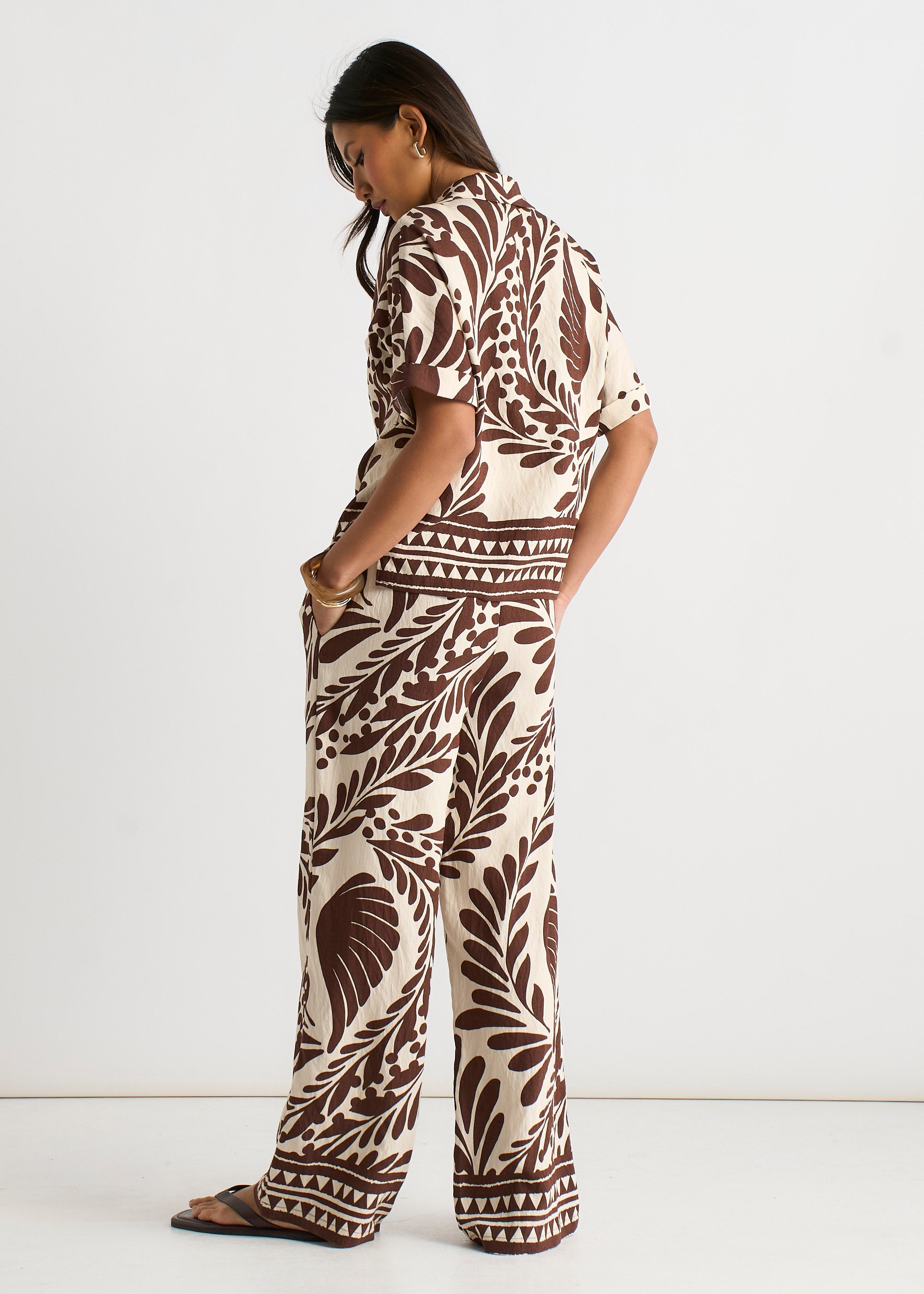 Gini London Chocolate Border Print Elasticated Trousers