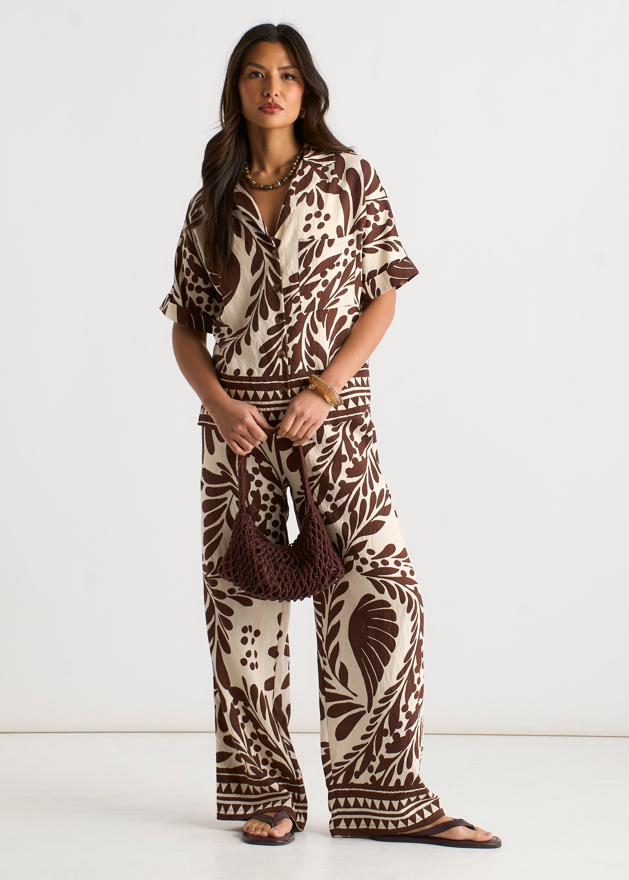 Gini London Chocolate Border Print Resort Shirt