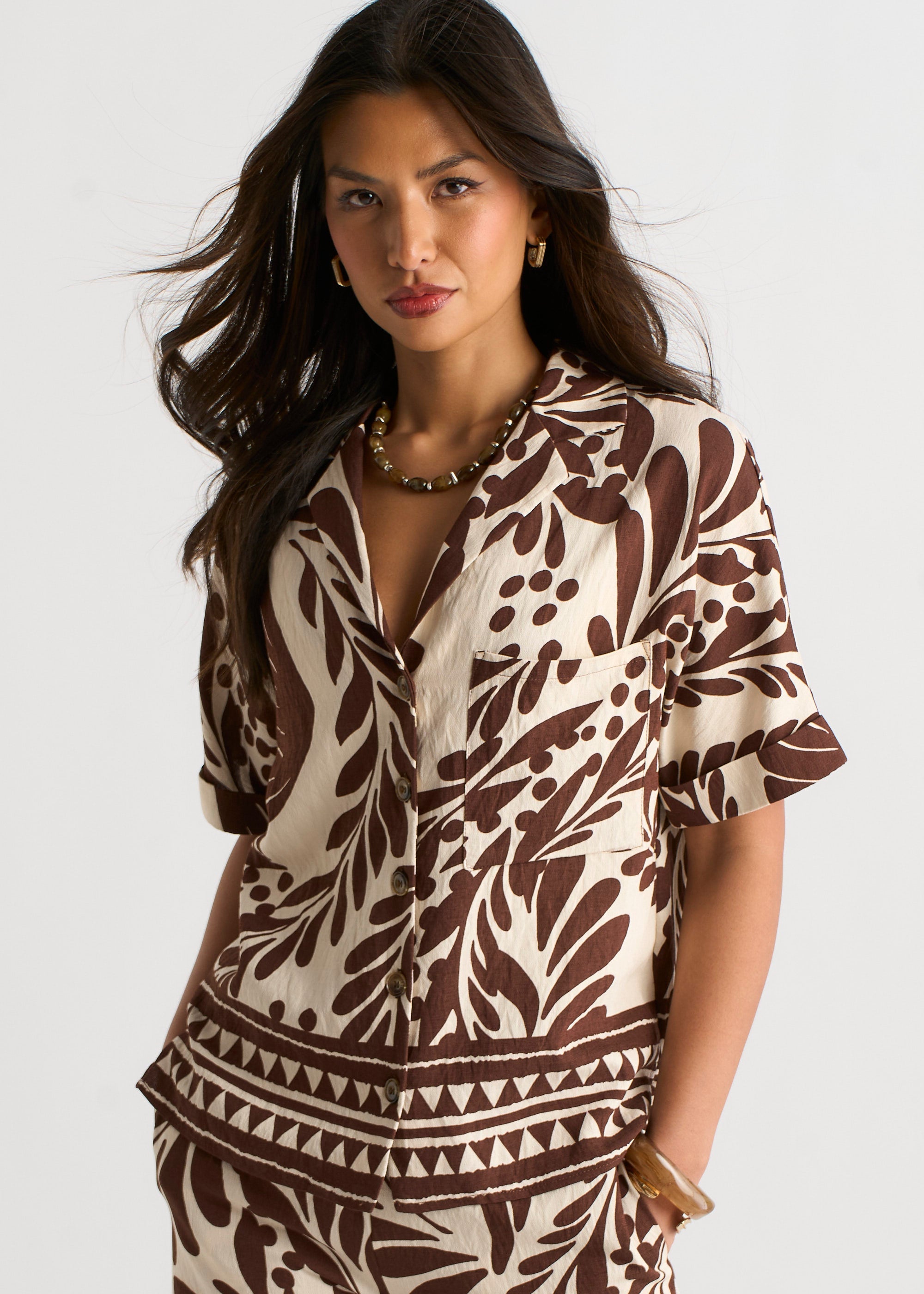 Gini London Chocolate Border Print Resort Shirt