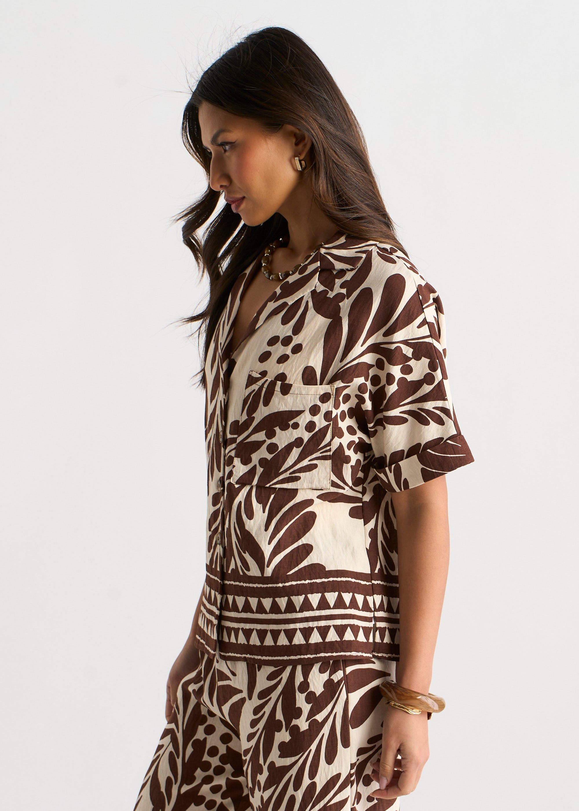 Gini London Chocolate Border Print Resort Shirt