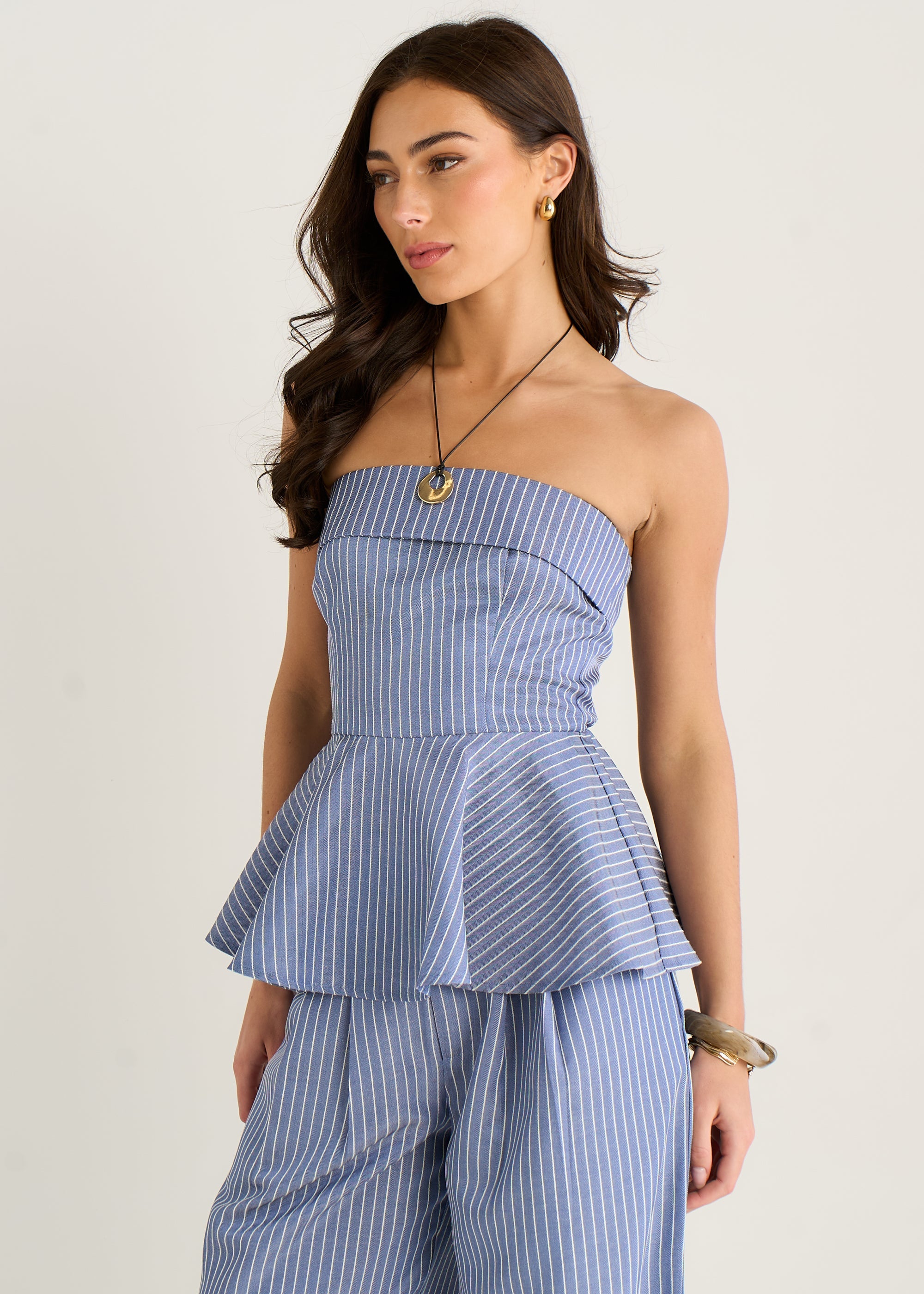 Gini London Blue Bardot Stripe Peplum Top