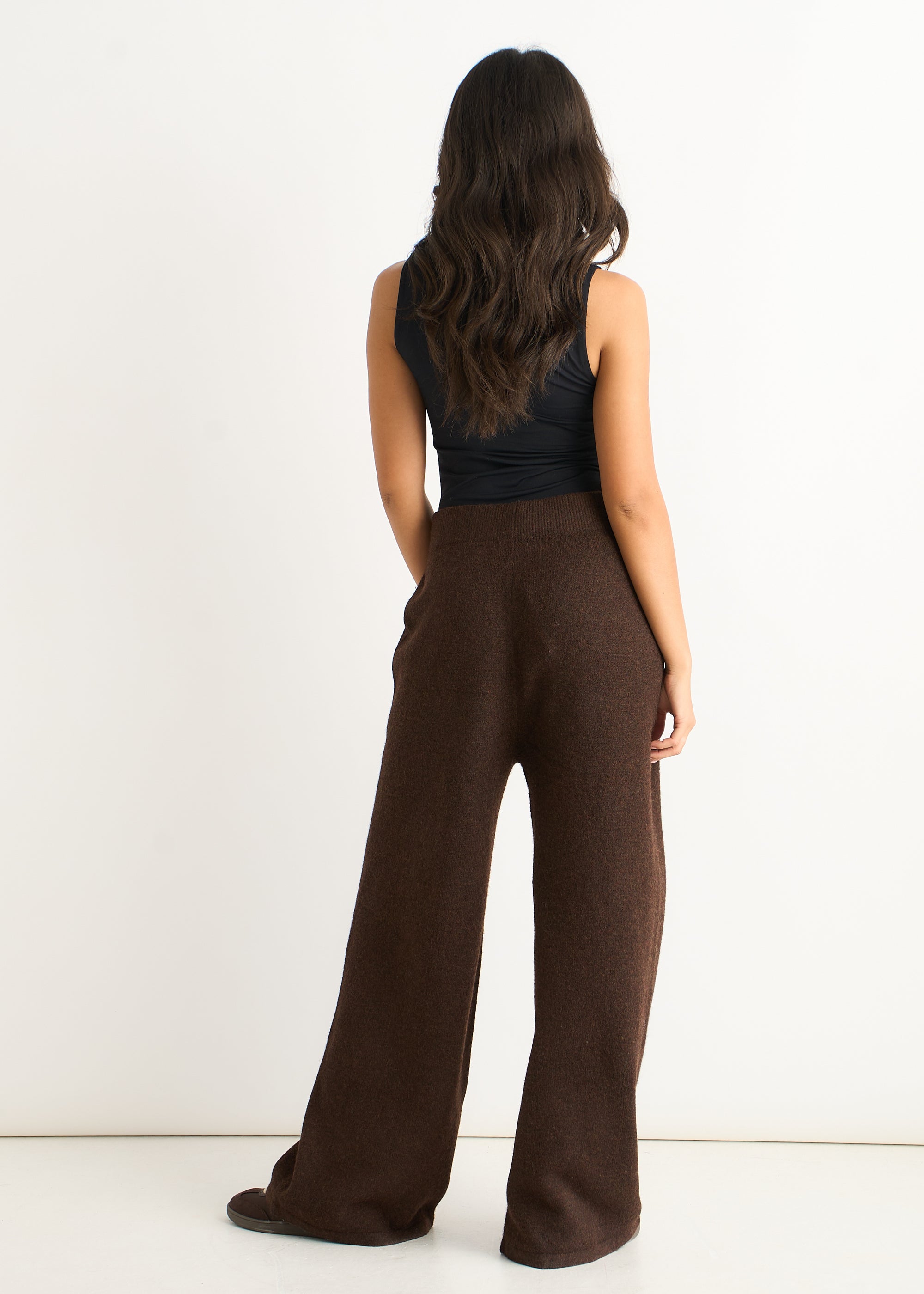 Gini London Brown Fuzzy Knit Wide-Leg Trousers
