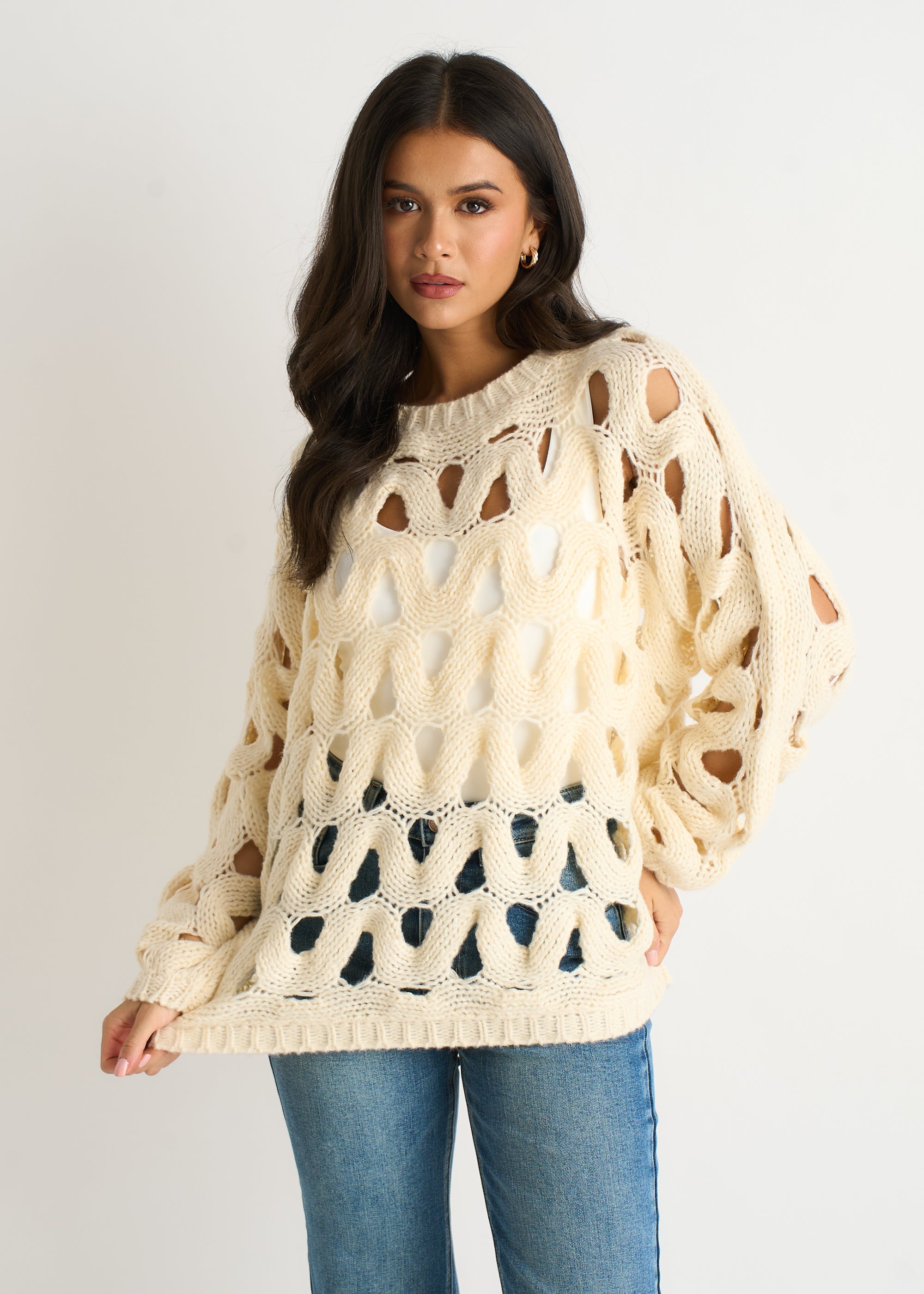 Gini London Butter Cream Hollow Chunky Knit Jumper