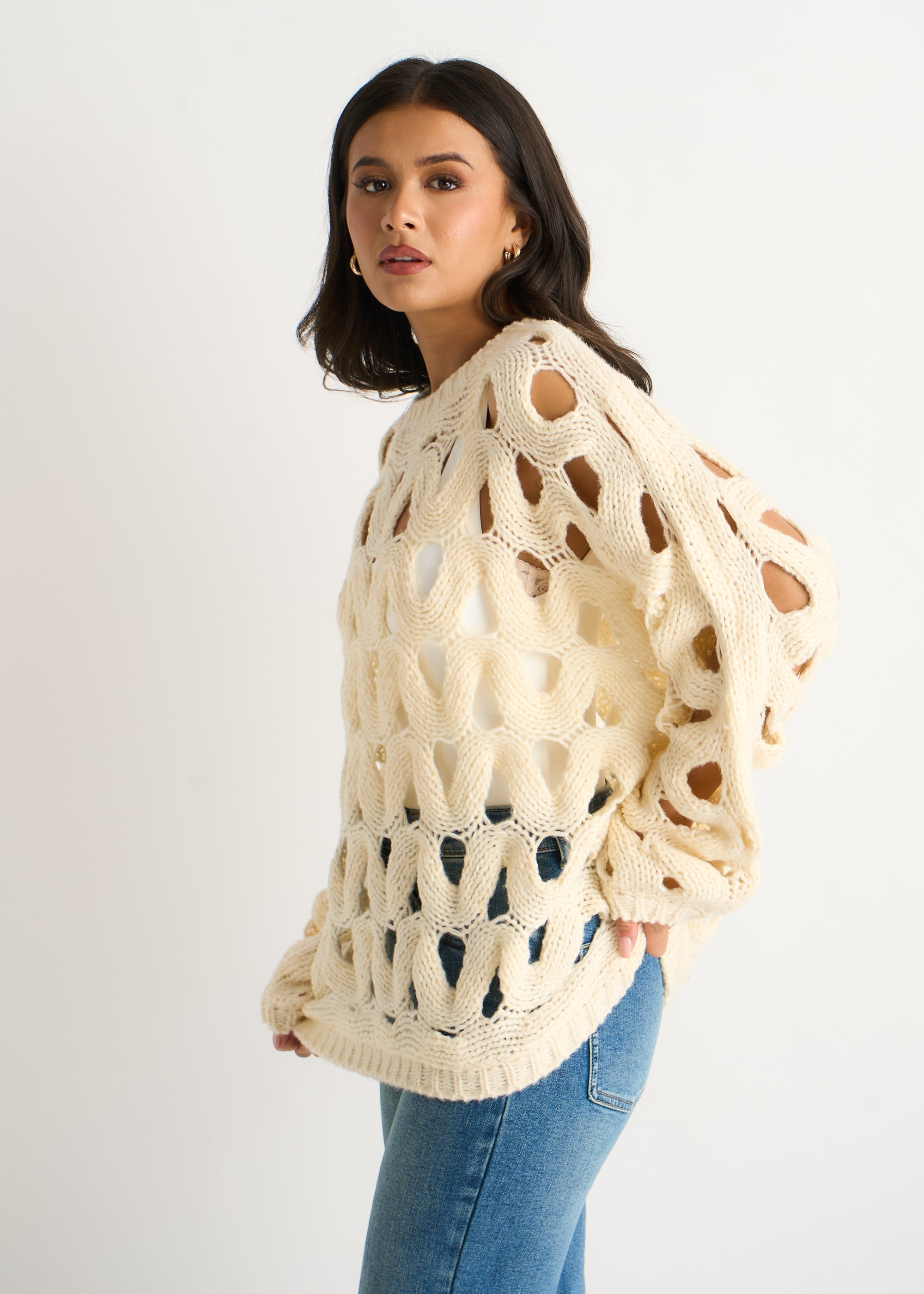 Gini London Butter Cream Hollow Chunky Knit Jumper