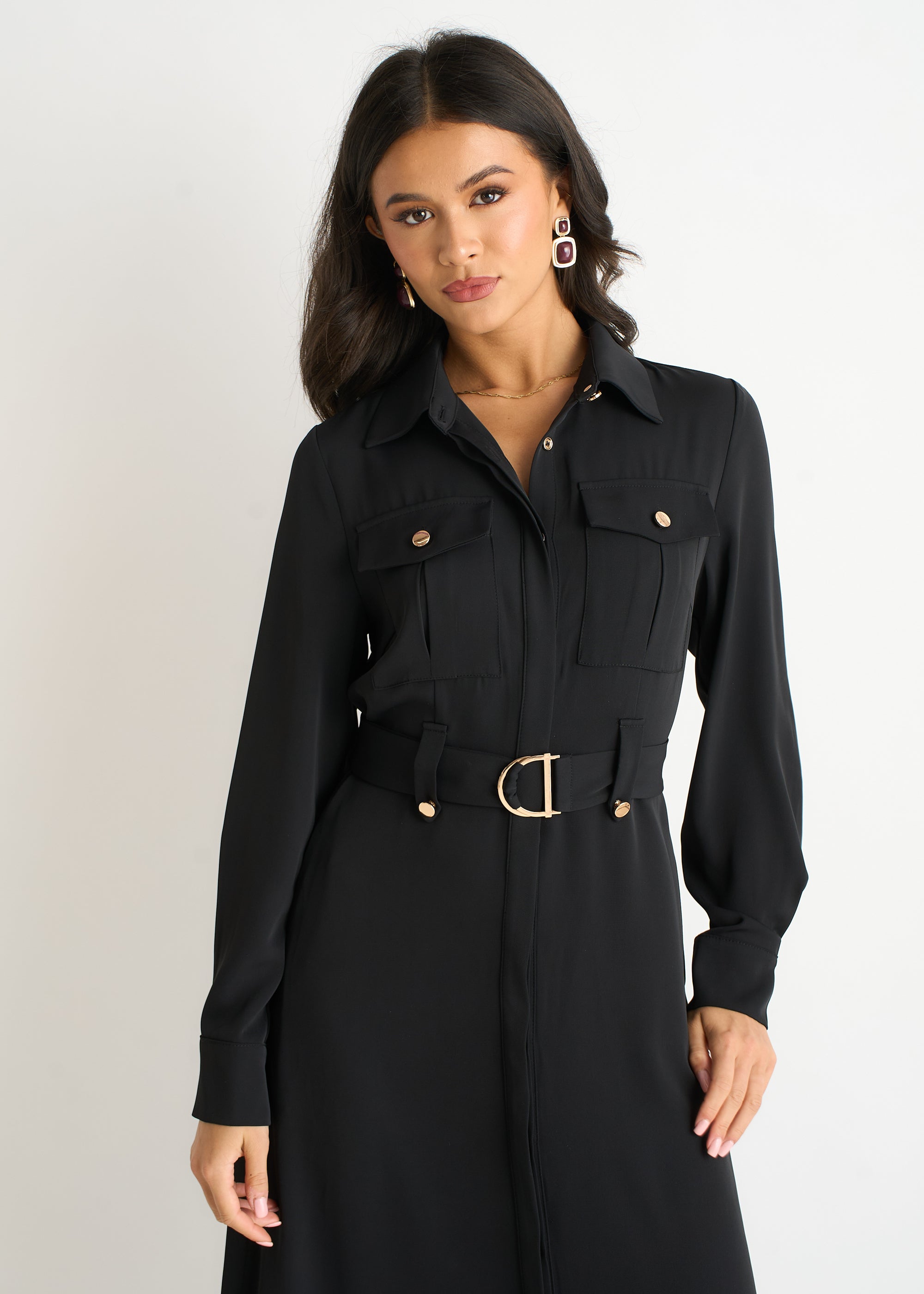 Gini London Black Luxe Gold Button Utility Shirt Dress