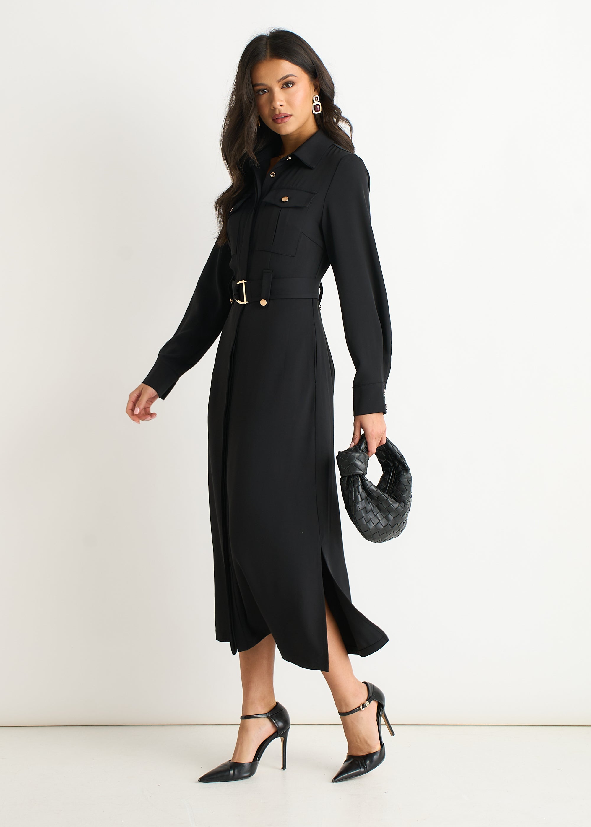 Gini London Black Luxe Gold Button Utility Shirt Dress