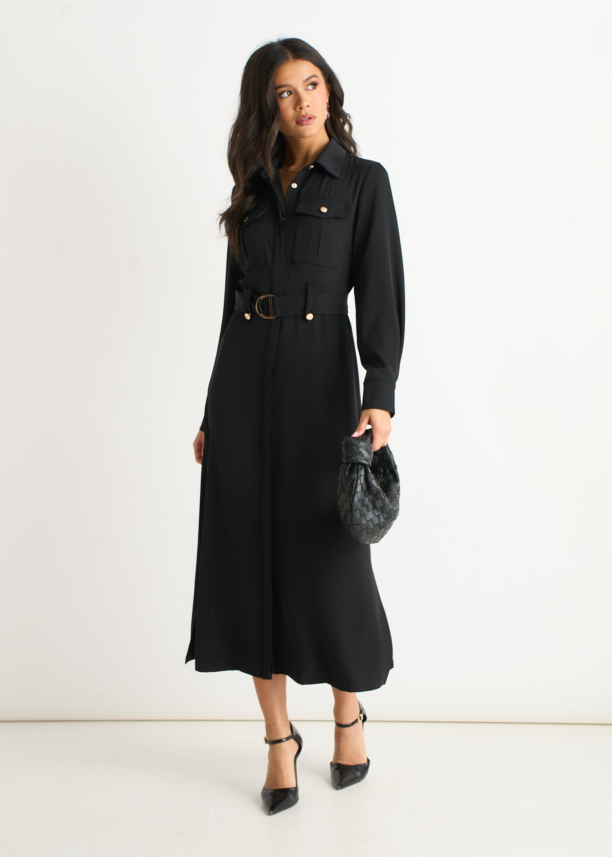 Gini London Black Luxe Gold Button Utility Shirt Dress