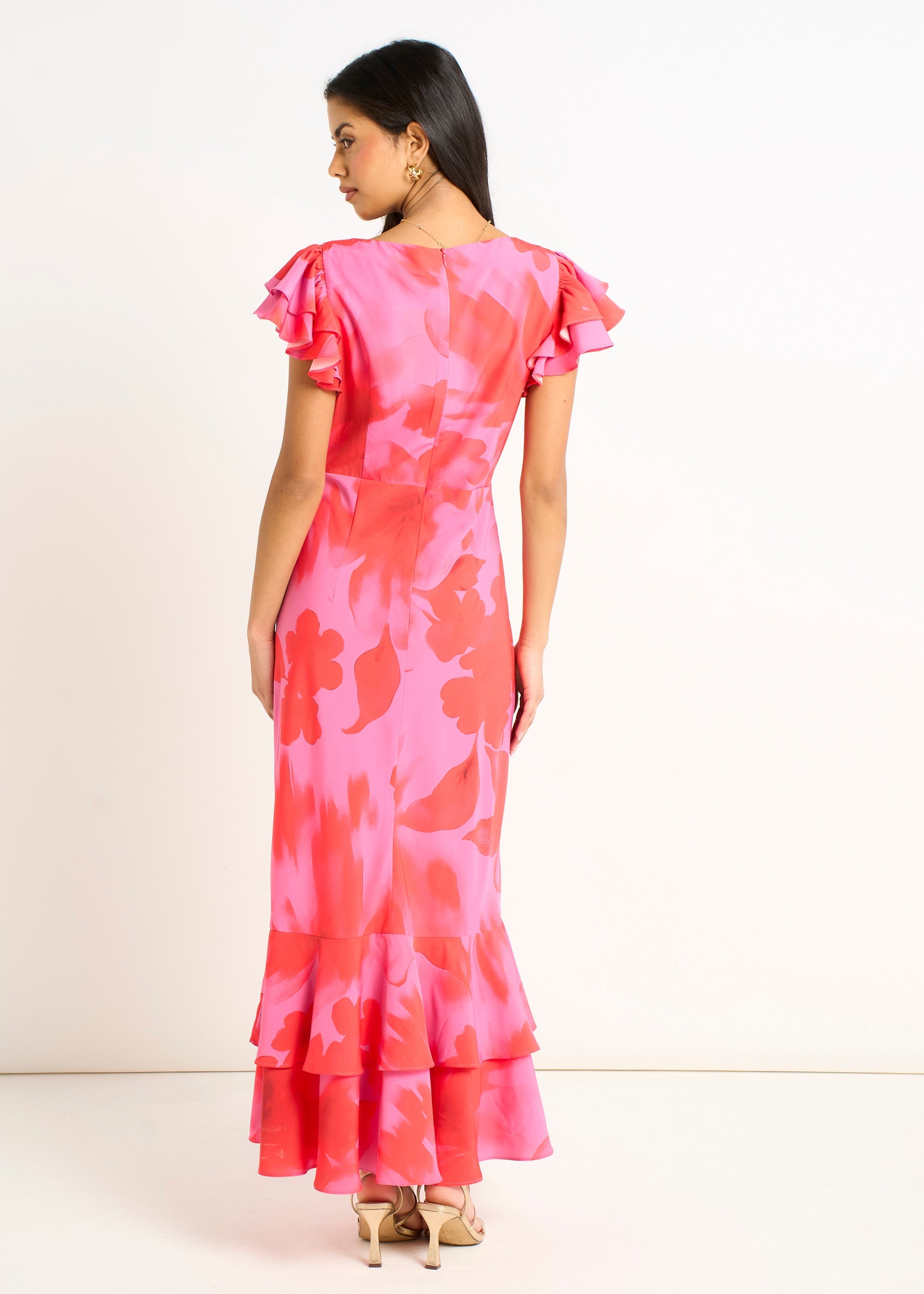 Gini London Pink Watercolour Floral Print Ruffle Midaxi Dress