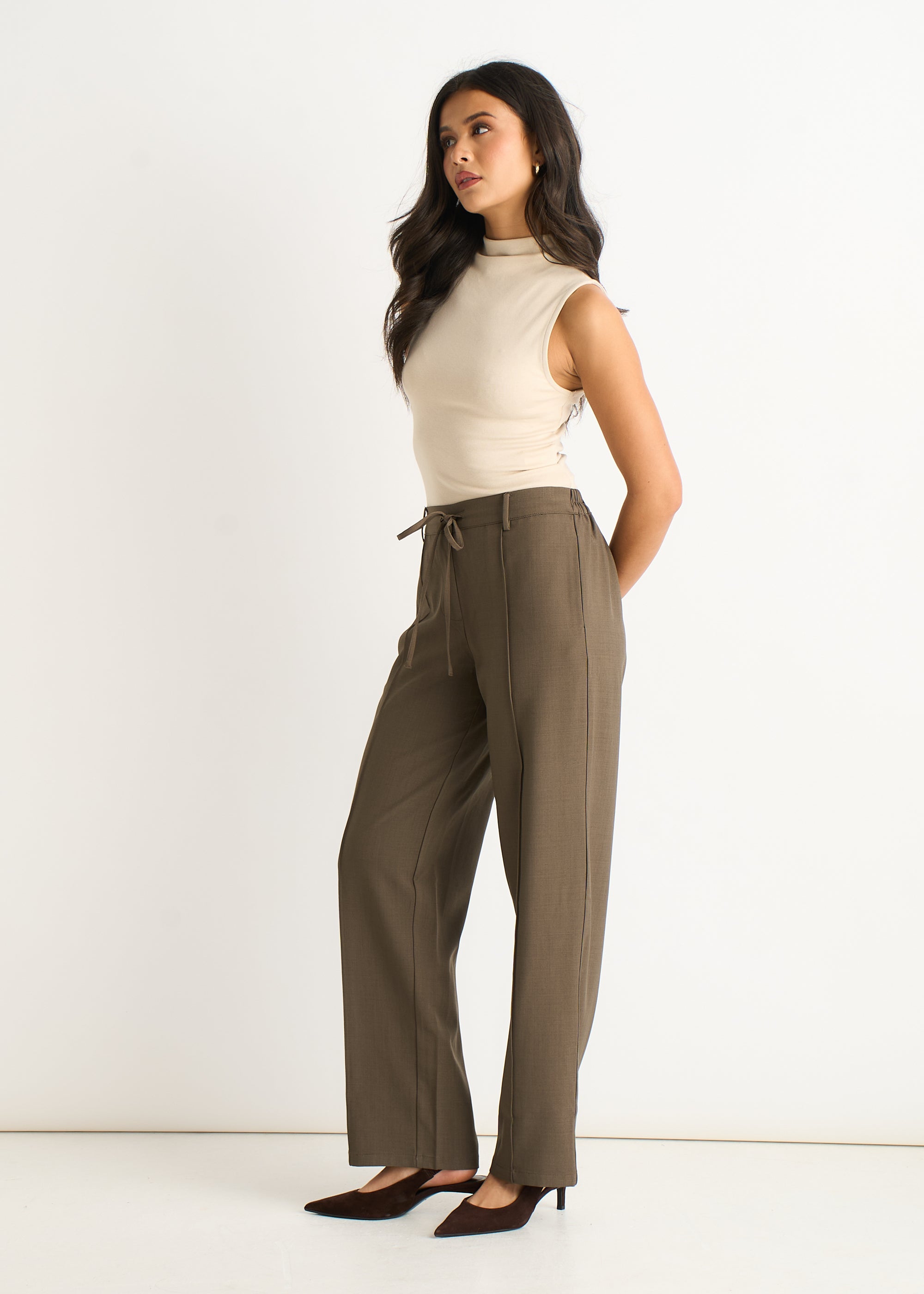 Gini London Olive Drawstring Tailored Trousers