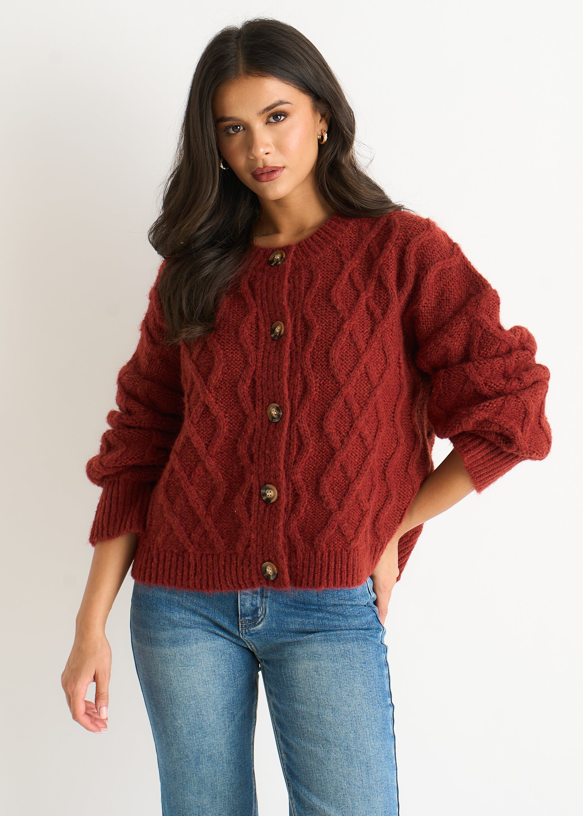 Gini London Rust Cable Knit Cardigan