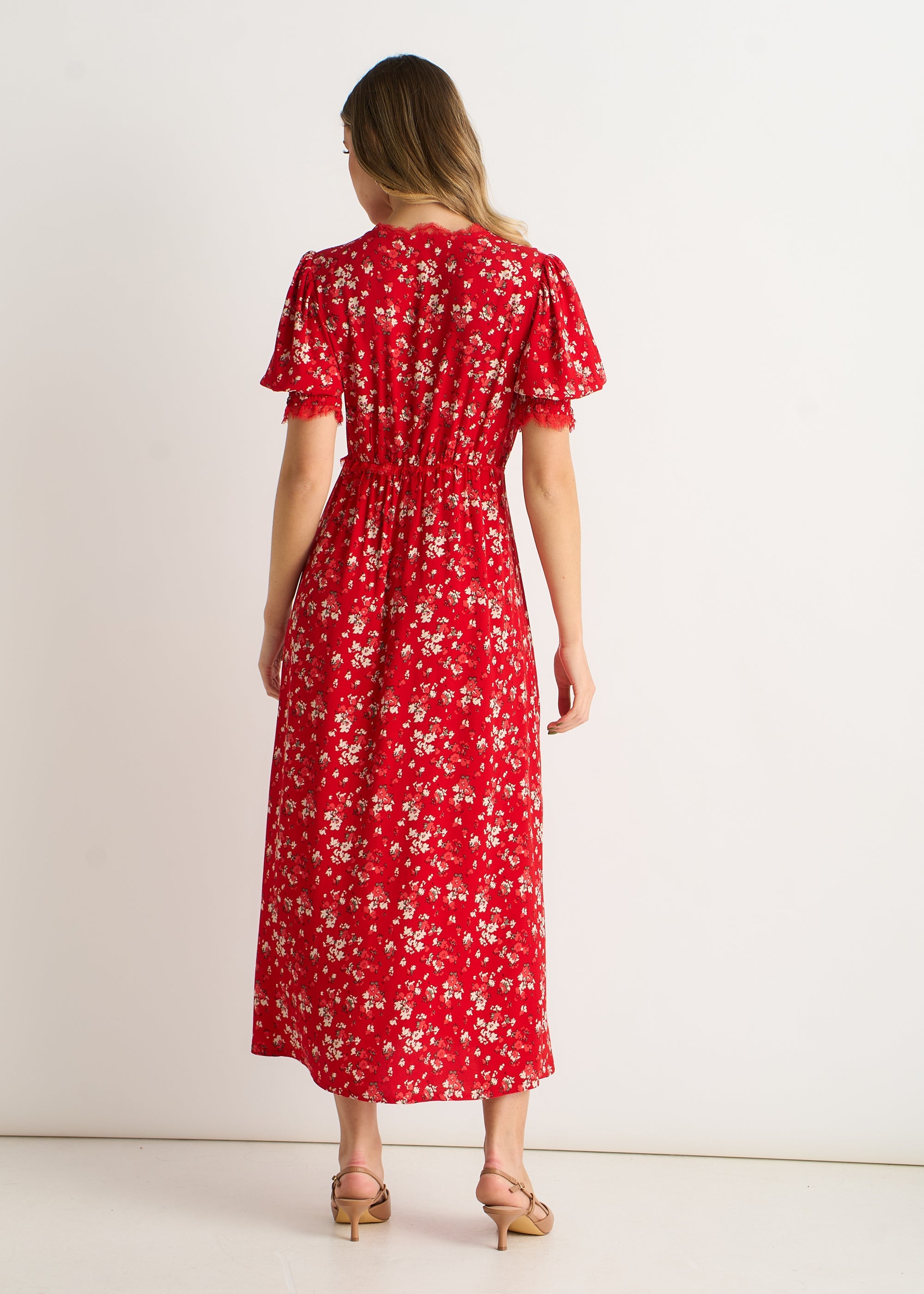 Gini London Red Viscose Lace Trim Midi Dress