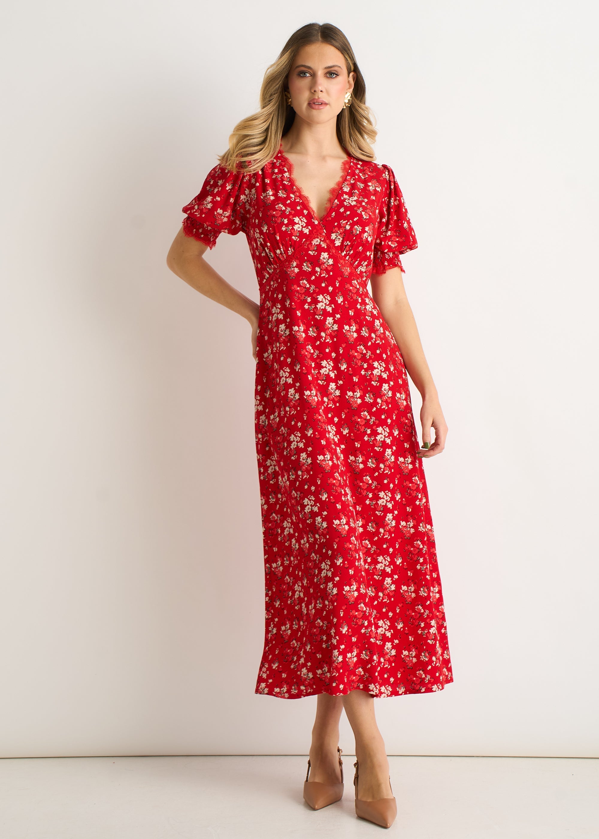 Gini London Red Viscose Lace Trim Midi Dress