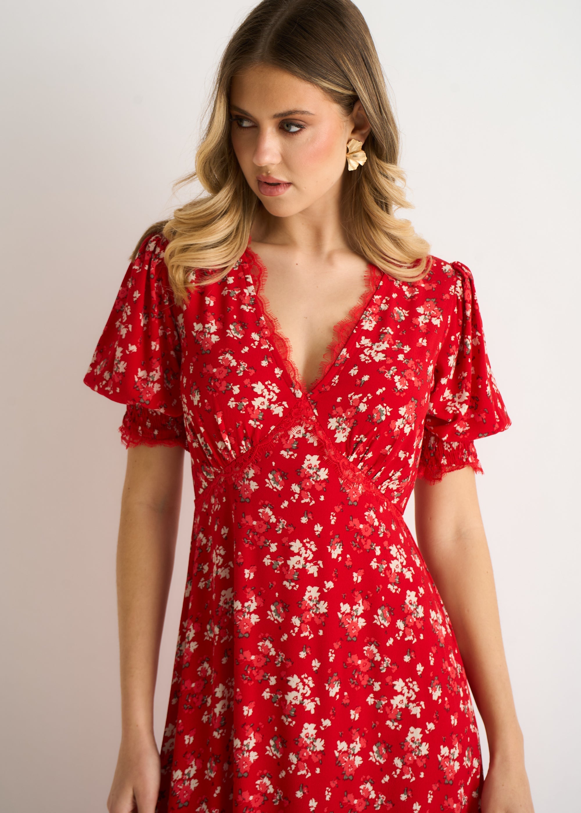 Gini London Red Viscose Lace Trim Midi Dress