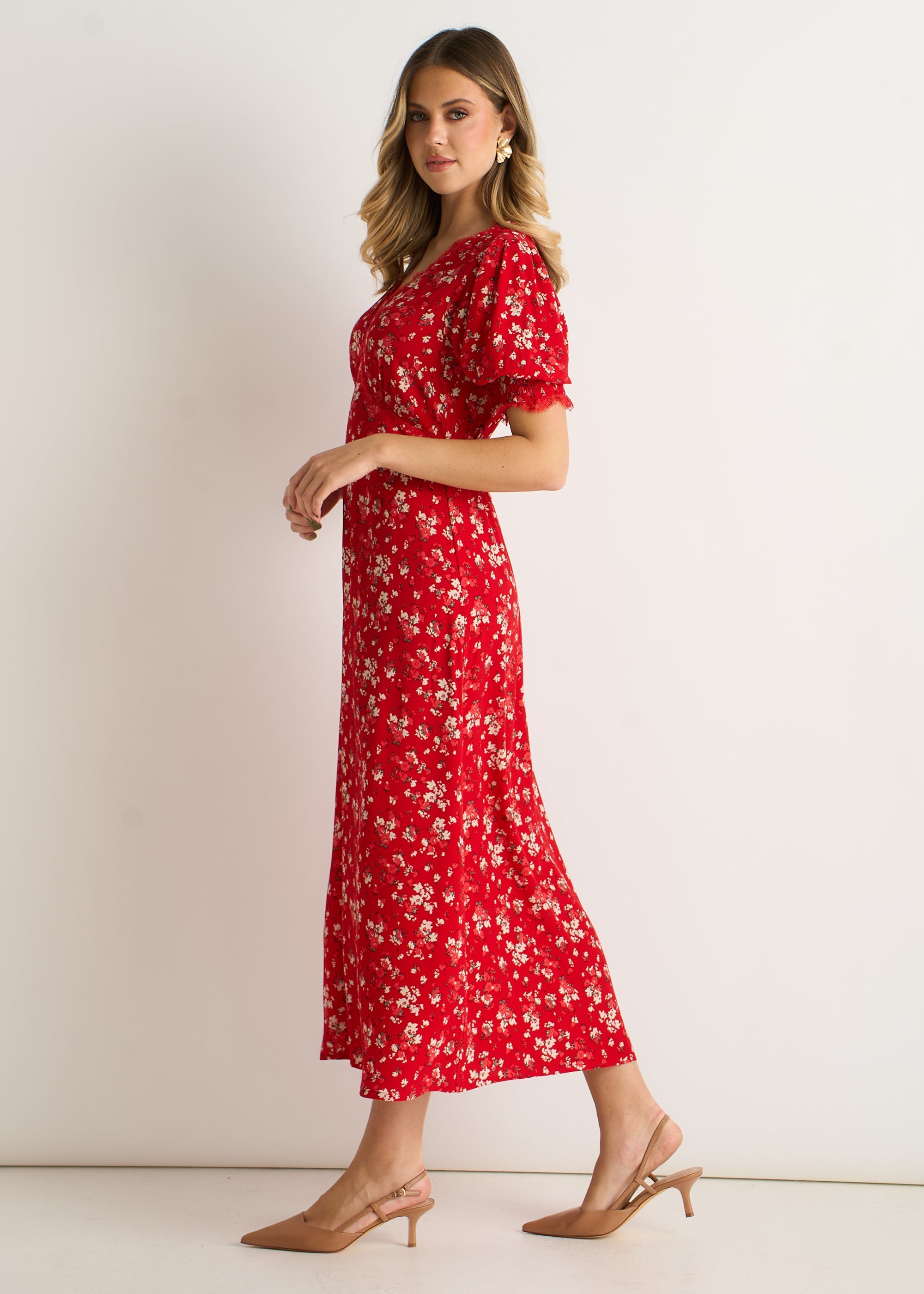 Gini London Red Viscose Lace Trim Midi Dress