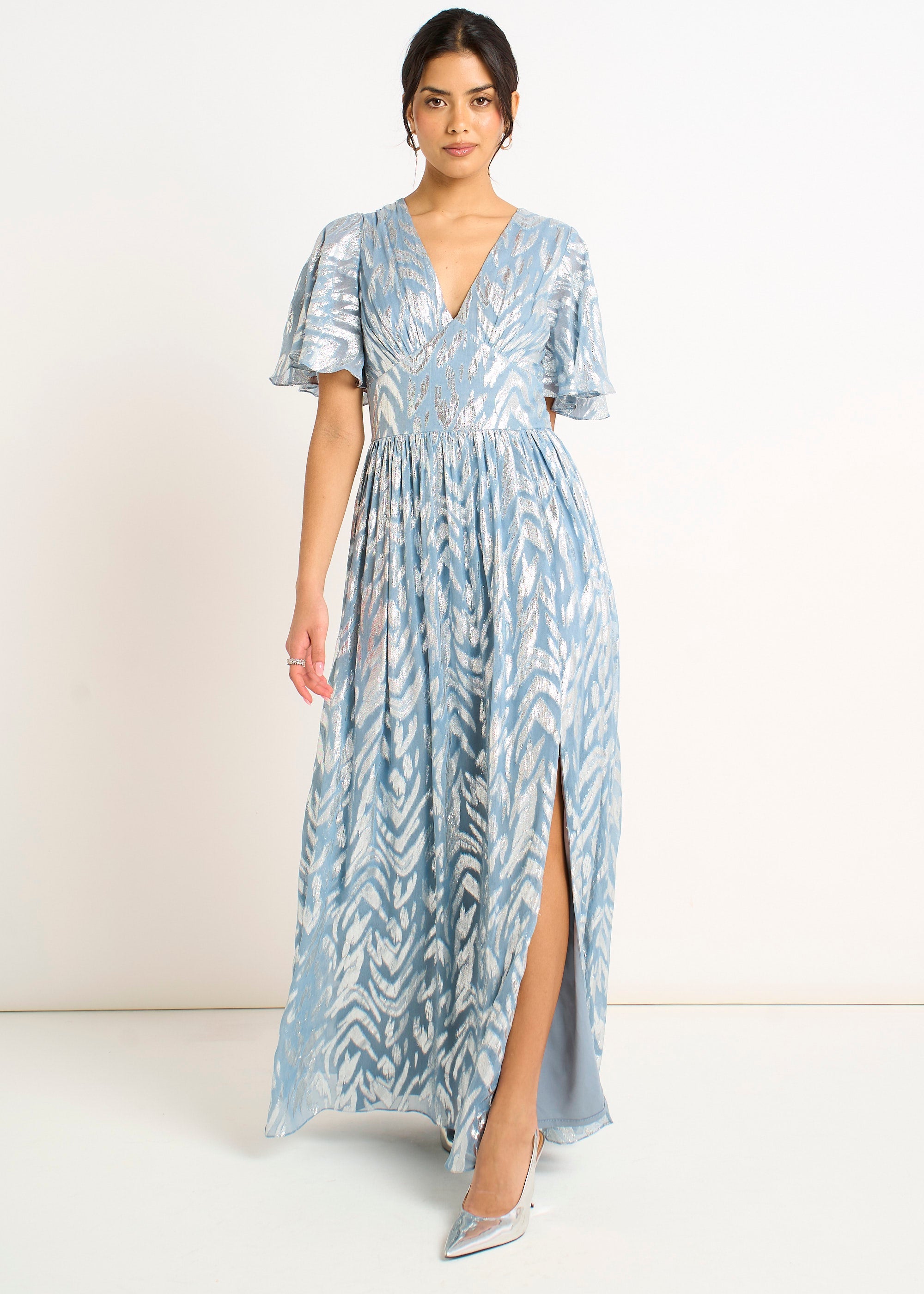 Gini London Blue Foil Metallic Print Short Sleeves Maxi Dress