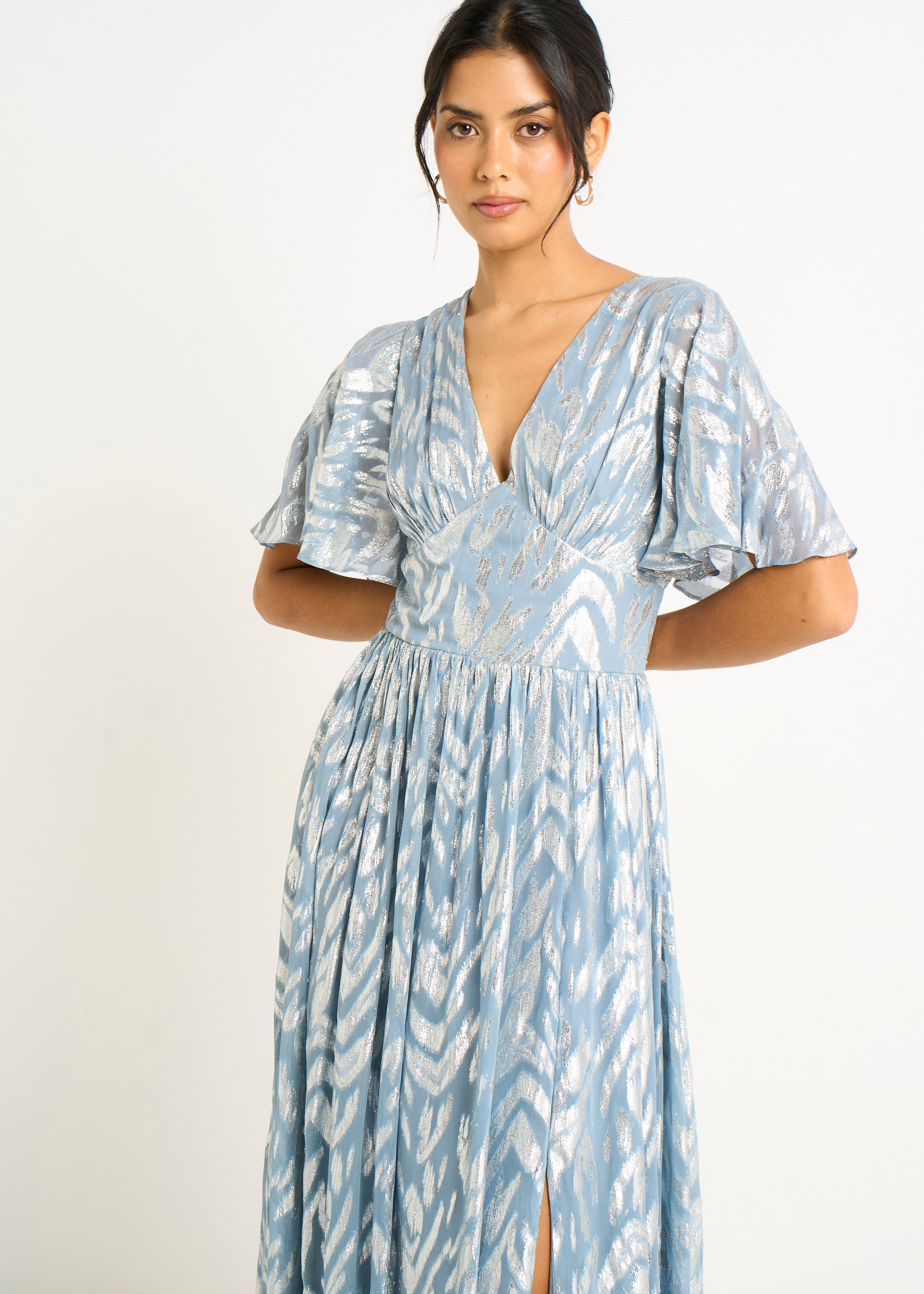 Gini London Blue Foil Metallic Print Short Sleeves Maxi Dress
