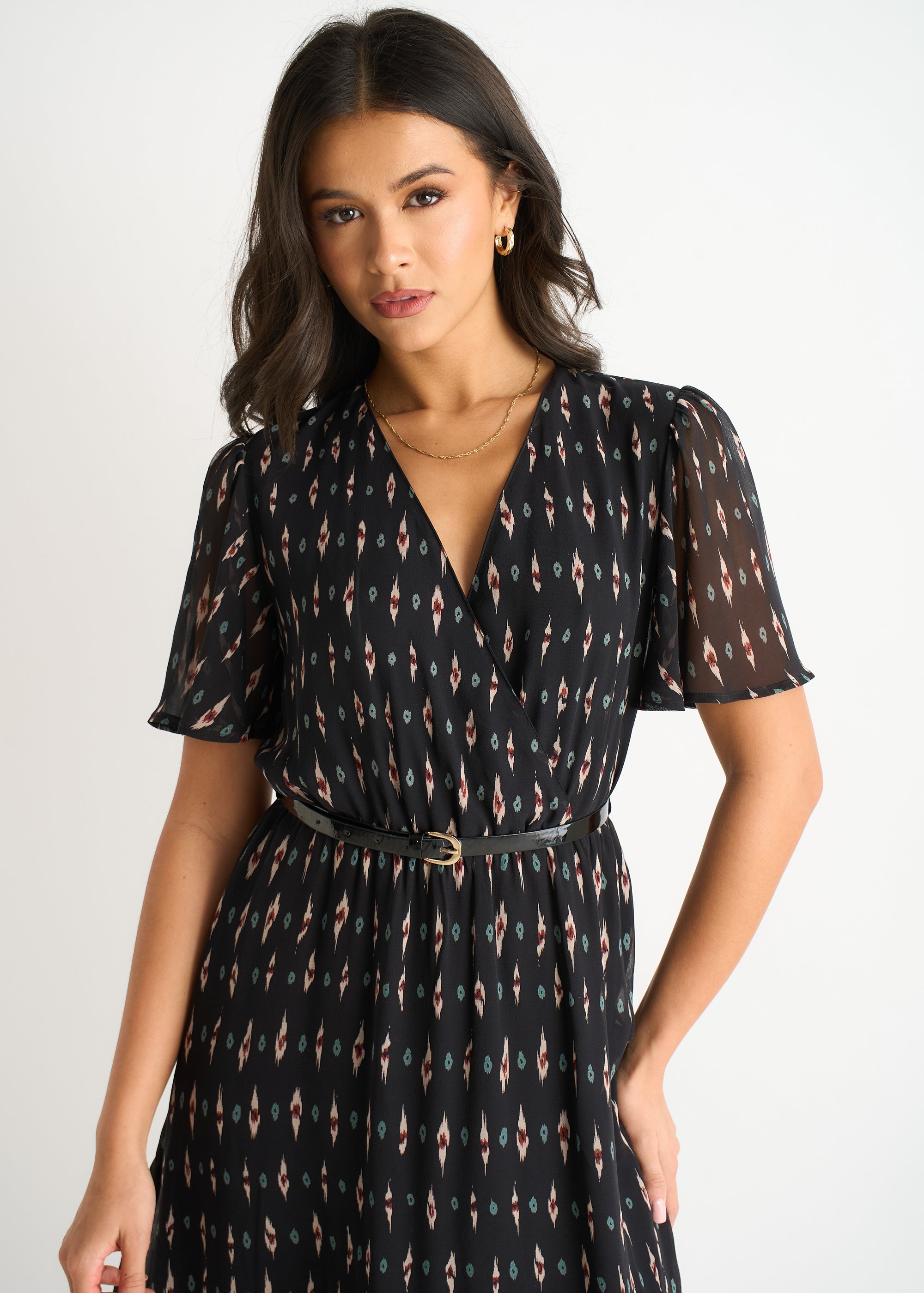 Gini London Black Silk Geo Print Midi Dress