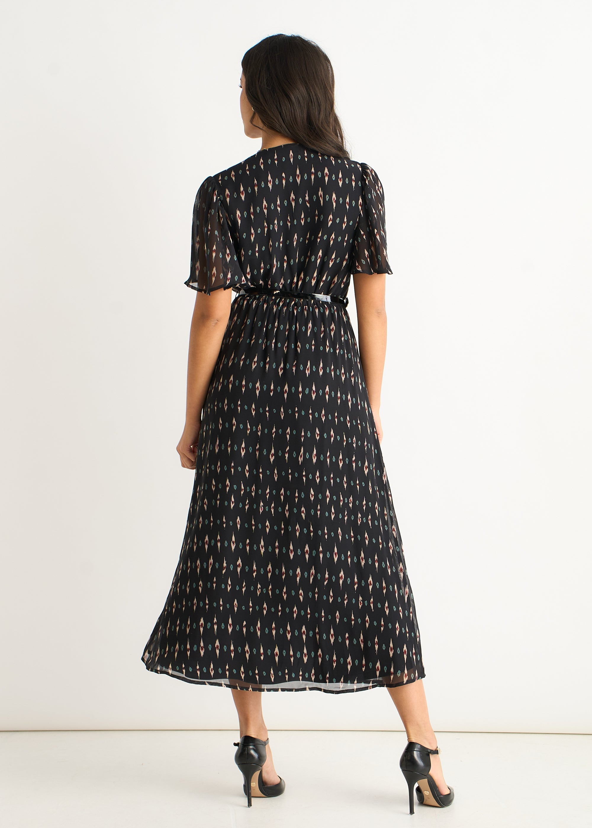 Gini London Black Silk Geo Print Midi Dress