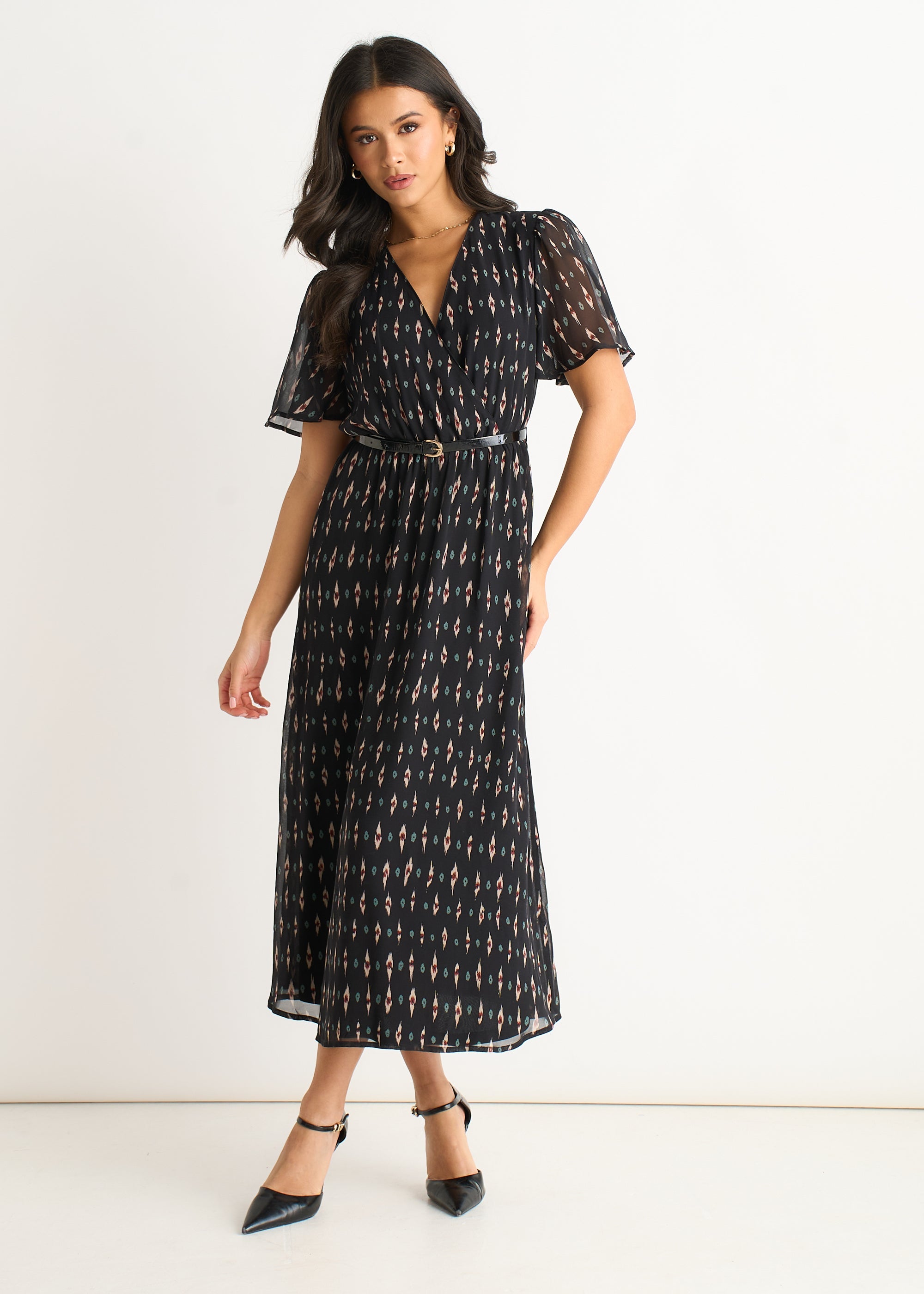 Gini London Black Silk Geo Print Midi Dress