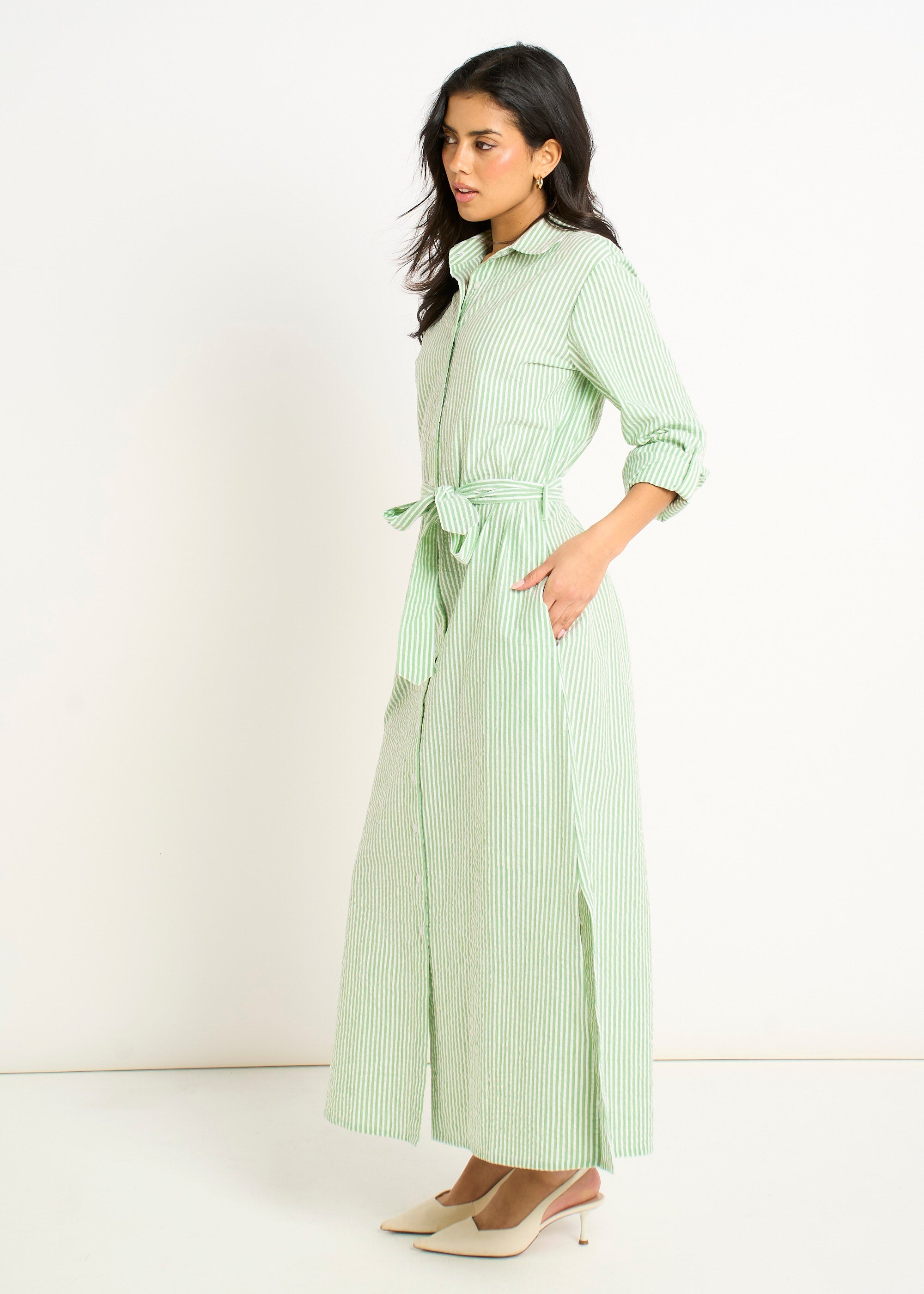 Green Long Sleeves Seersucker Stripe Shirt Dress