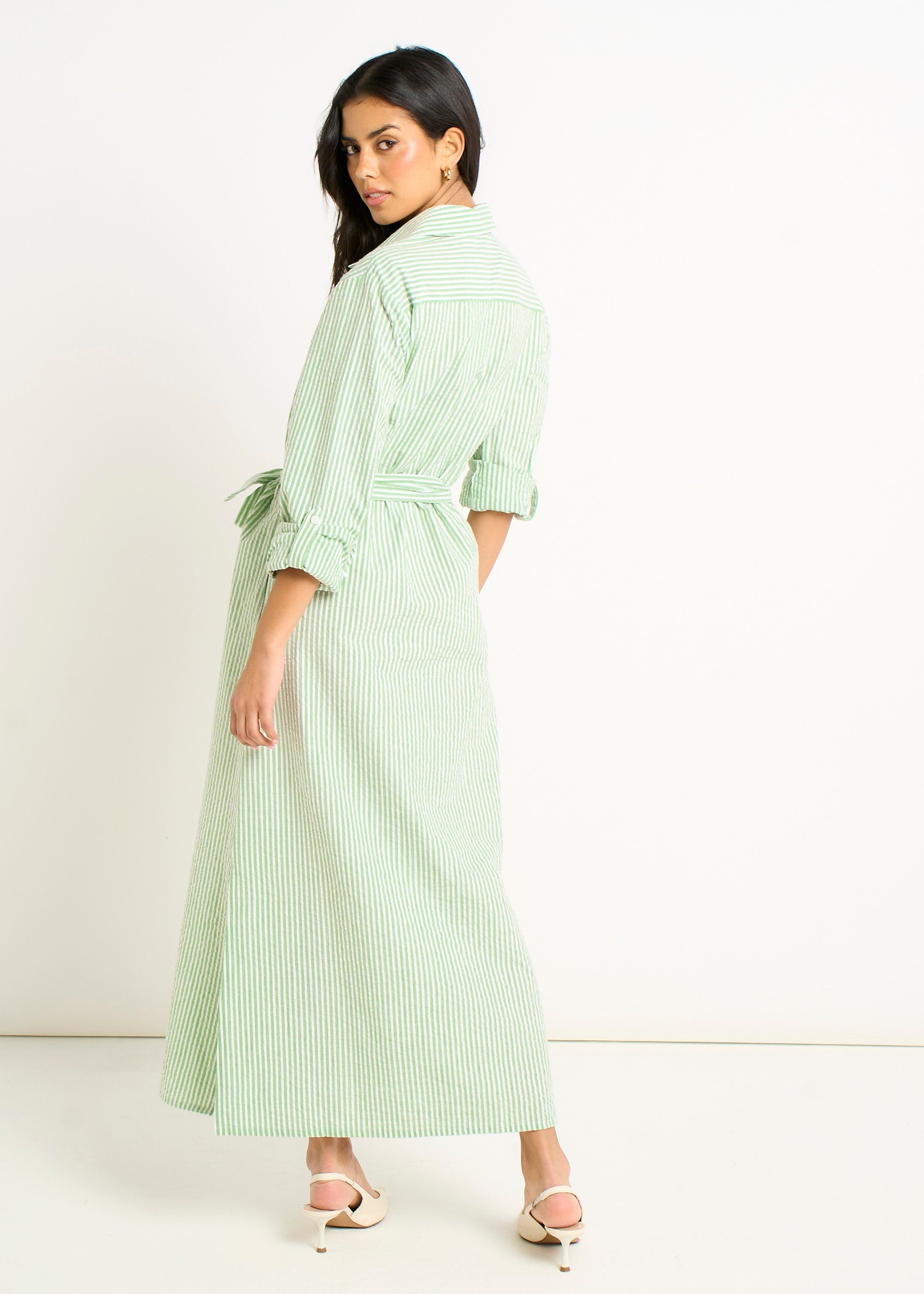 Gini London Green Long Sleeves Seersucker Stripe Shirt Dress