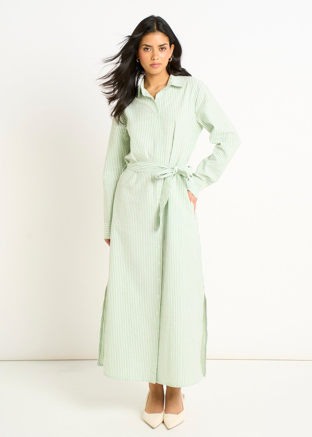 Gini London Green Long Sleeves Seersucker Stripe Shirt Dress