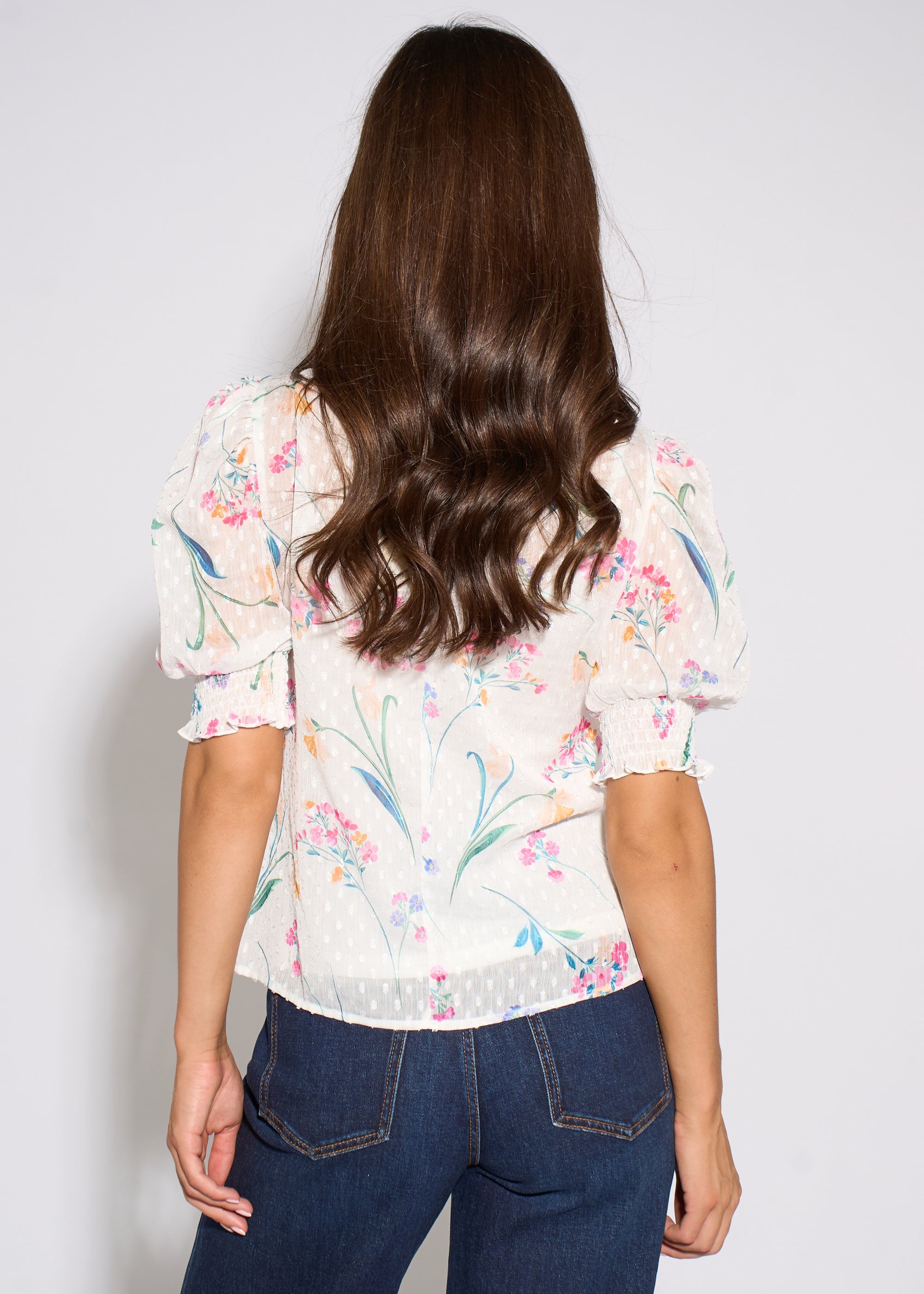 Gini London Off White Floral Dobby Chiffon Shirred Cuff Blouse