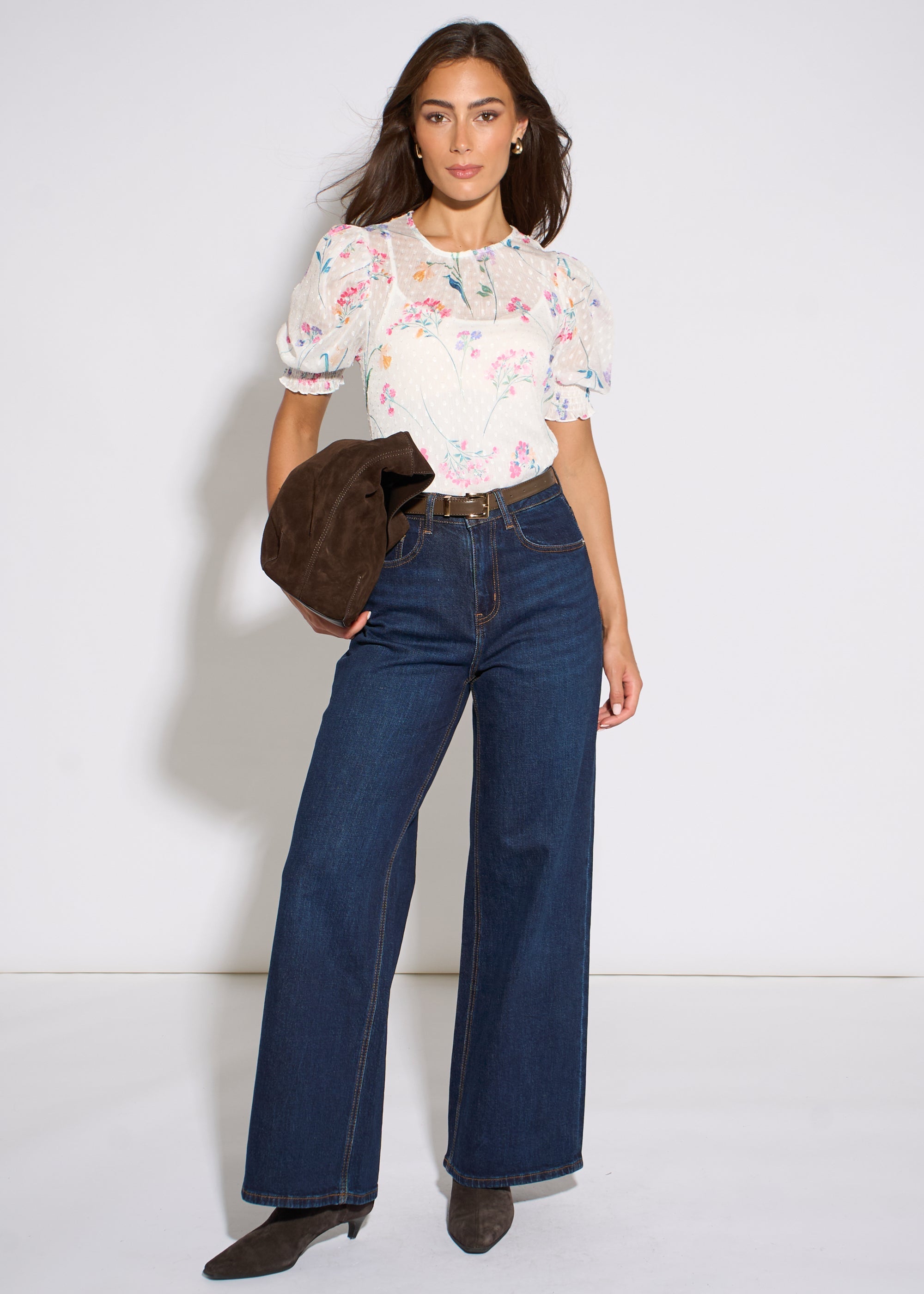 Gini London Off White Floral Dobby Chiffon Shirred Cuff Blouse