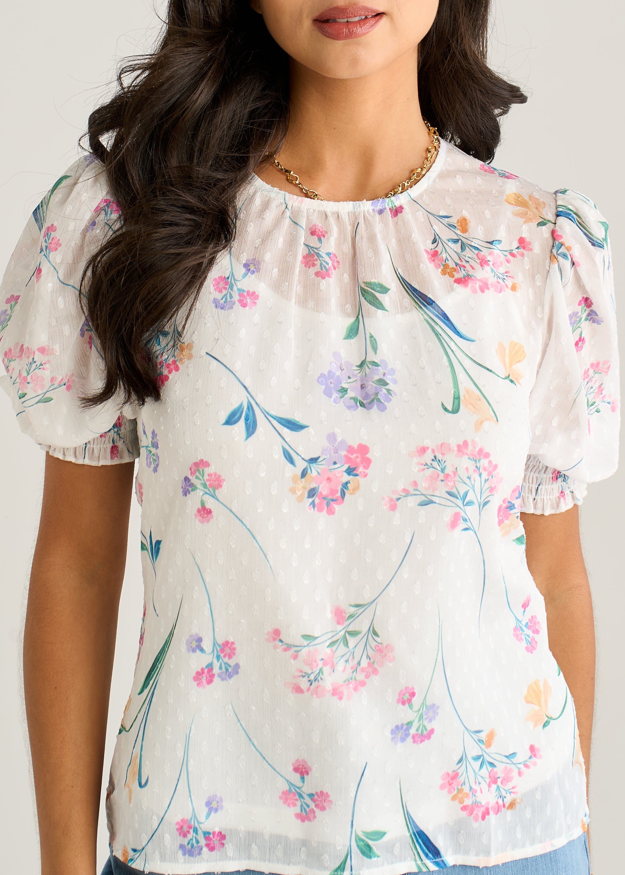 Gini London Off White Floral Dobby Chiffon Shirred Cuff Blouse