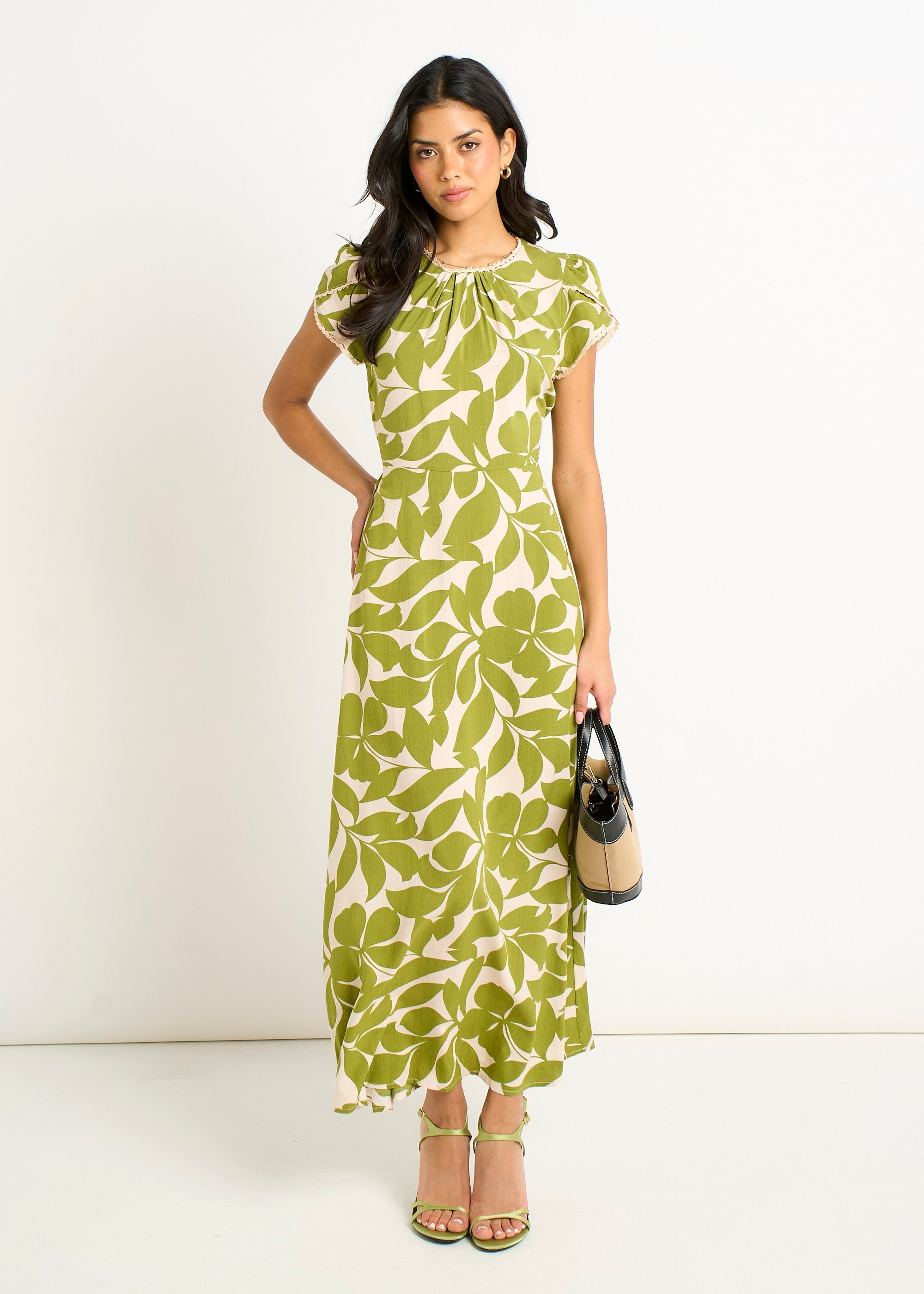Gini London Green Petal Cuff Elasticated Waist Maxi Dress