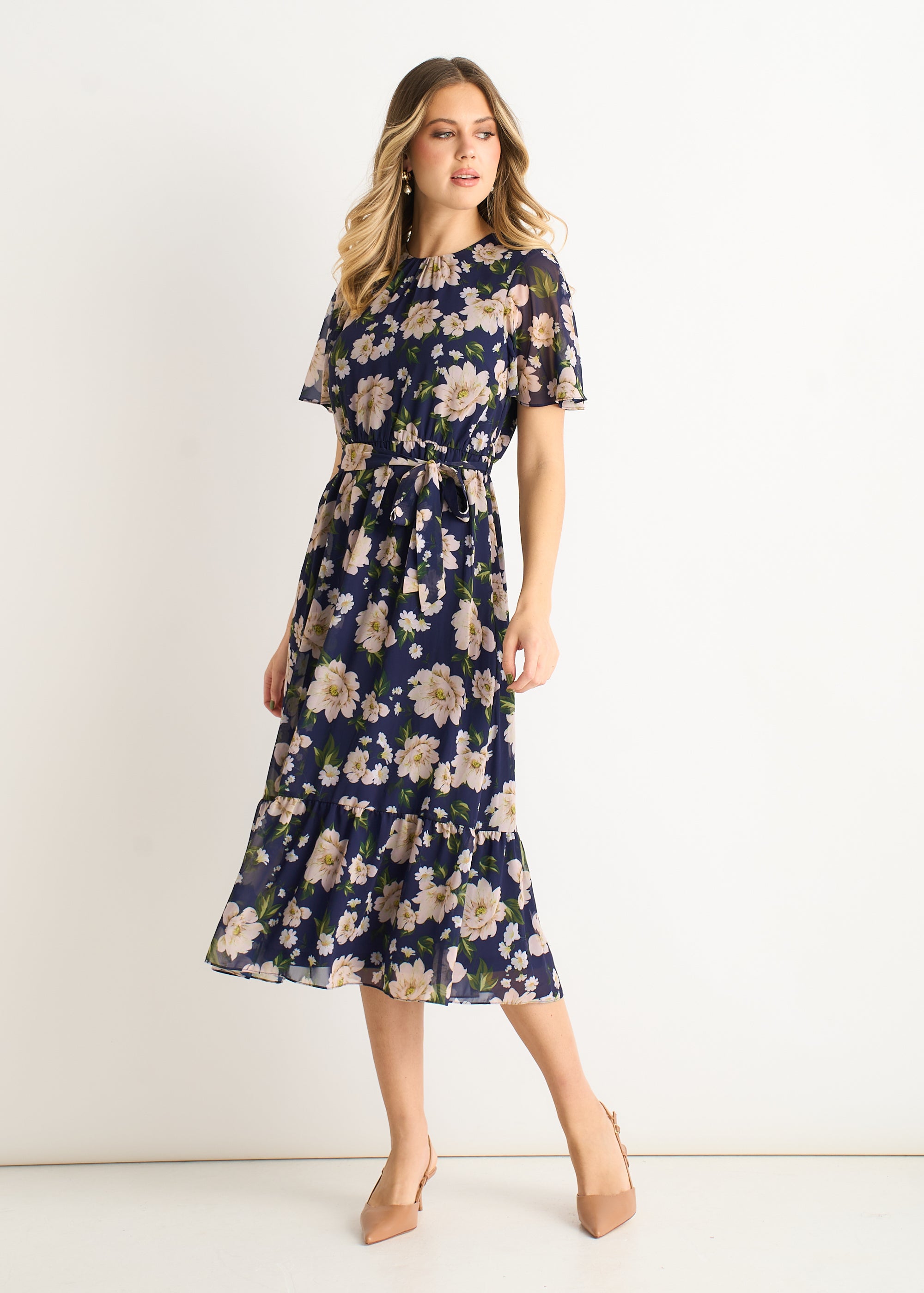 Gini London Navy Floral Print Fit & Flare Midi Dress