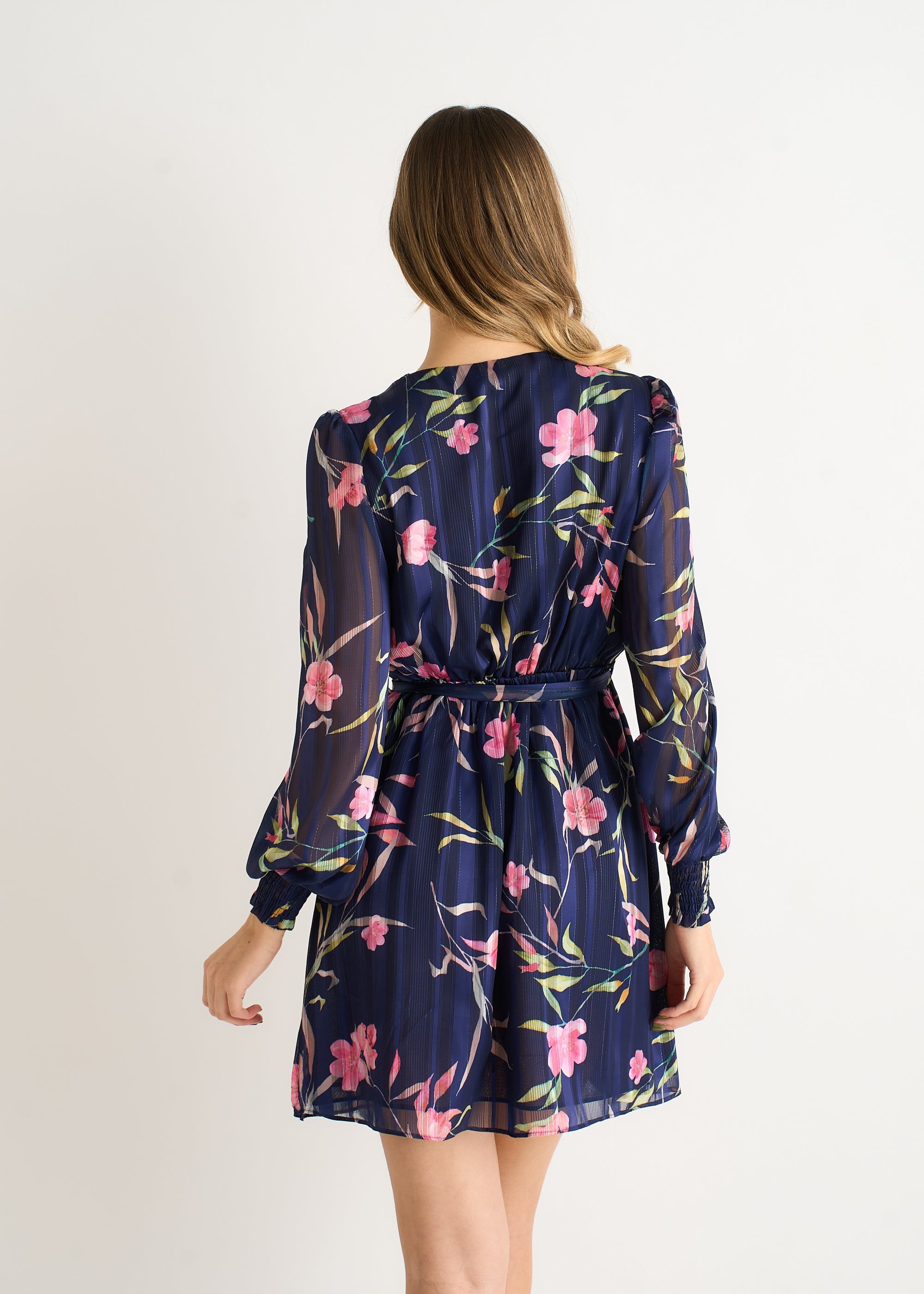 Gini London Navy Floral Print Shimmer Stripe Chiffon Wrap Mini Dress