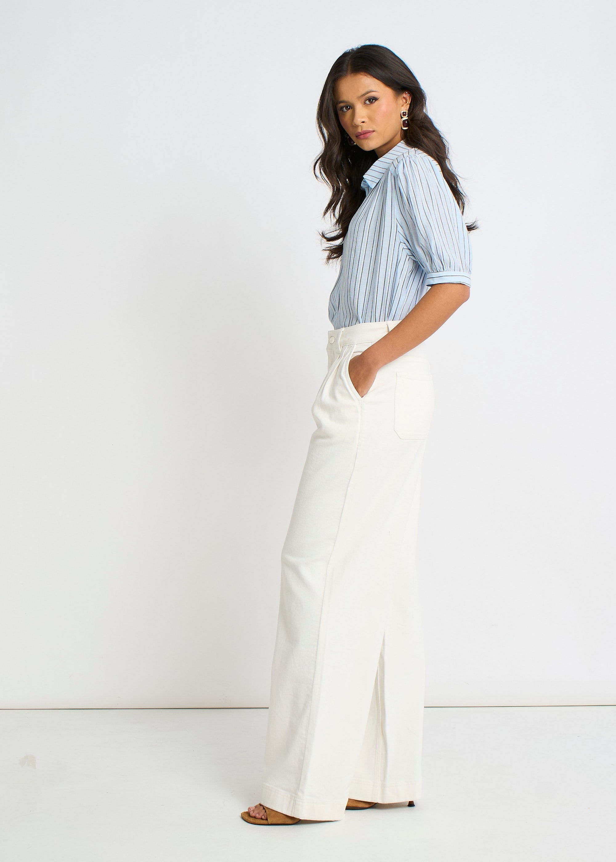 Gini London Off White Pleat Wide Leg Jean