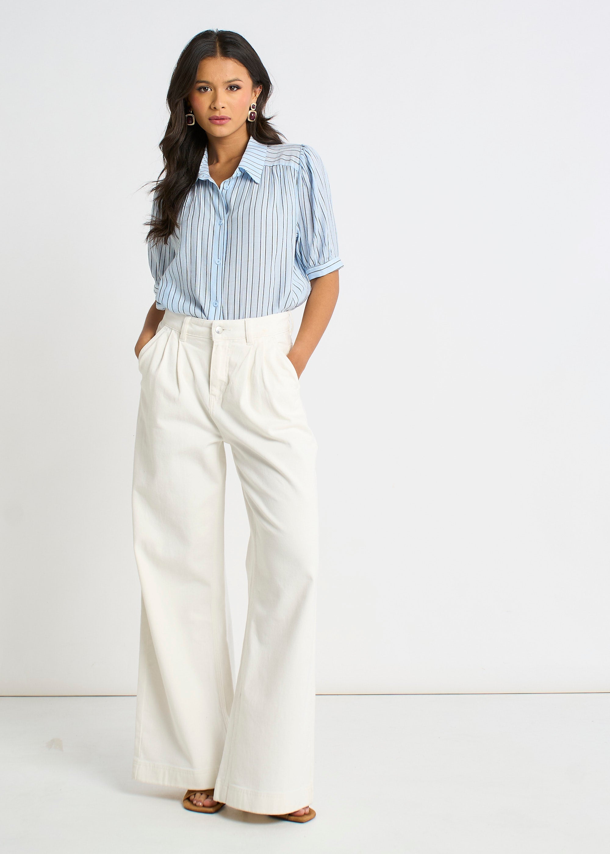 Gini London Off White Pleat Wide Leg Jean