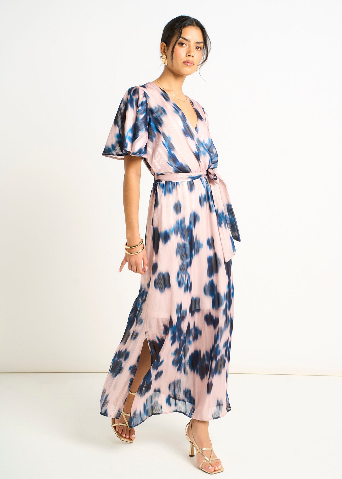 Gini London Champagne Blur Print Wrap Midi Dress