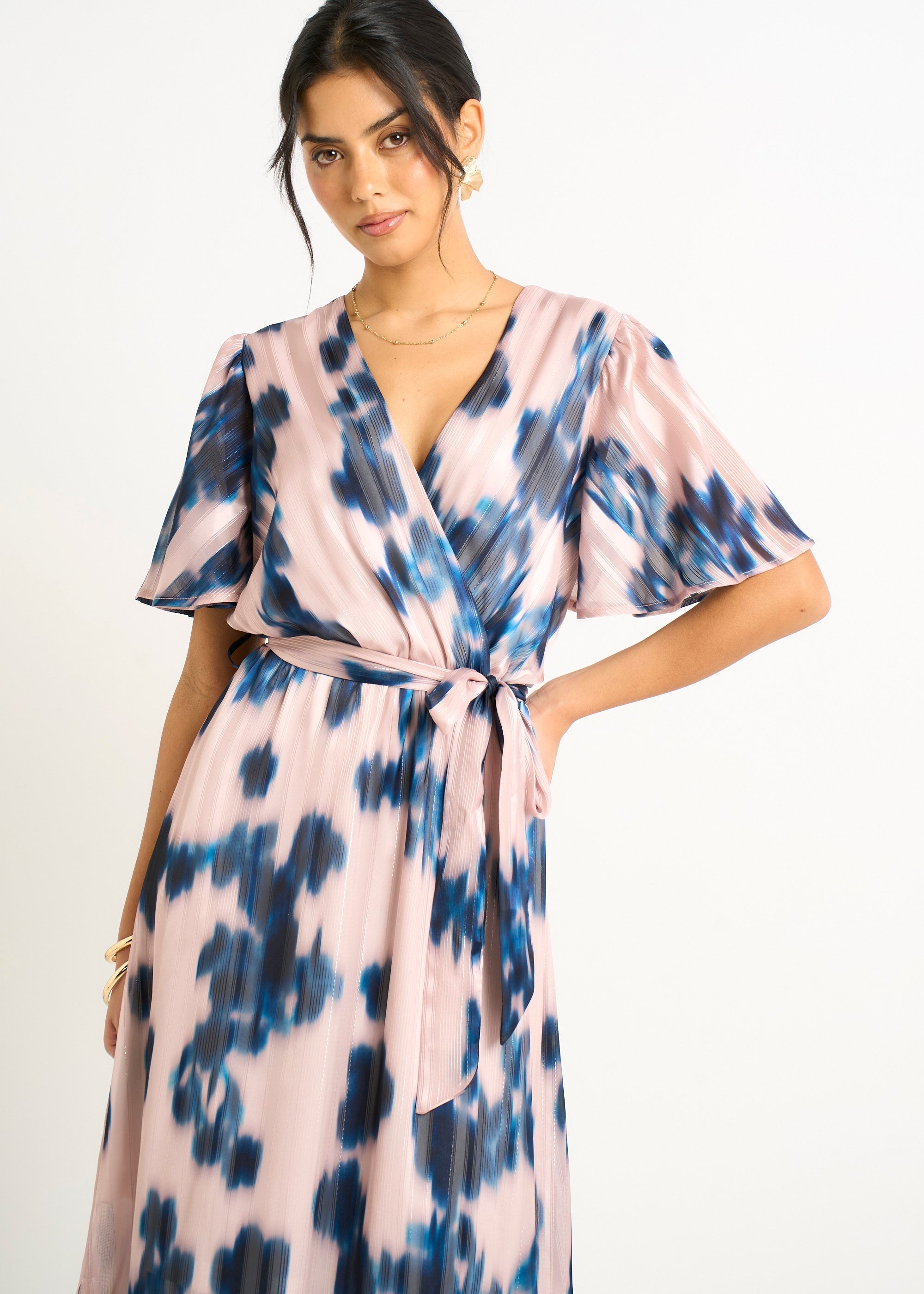 Gini London Champagne Blur Print Wrap Midi Dress