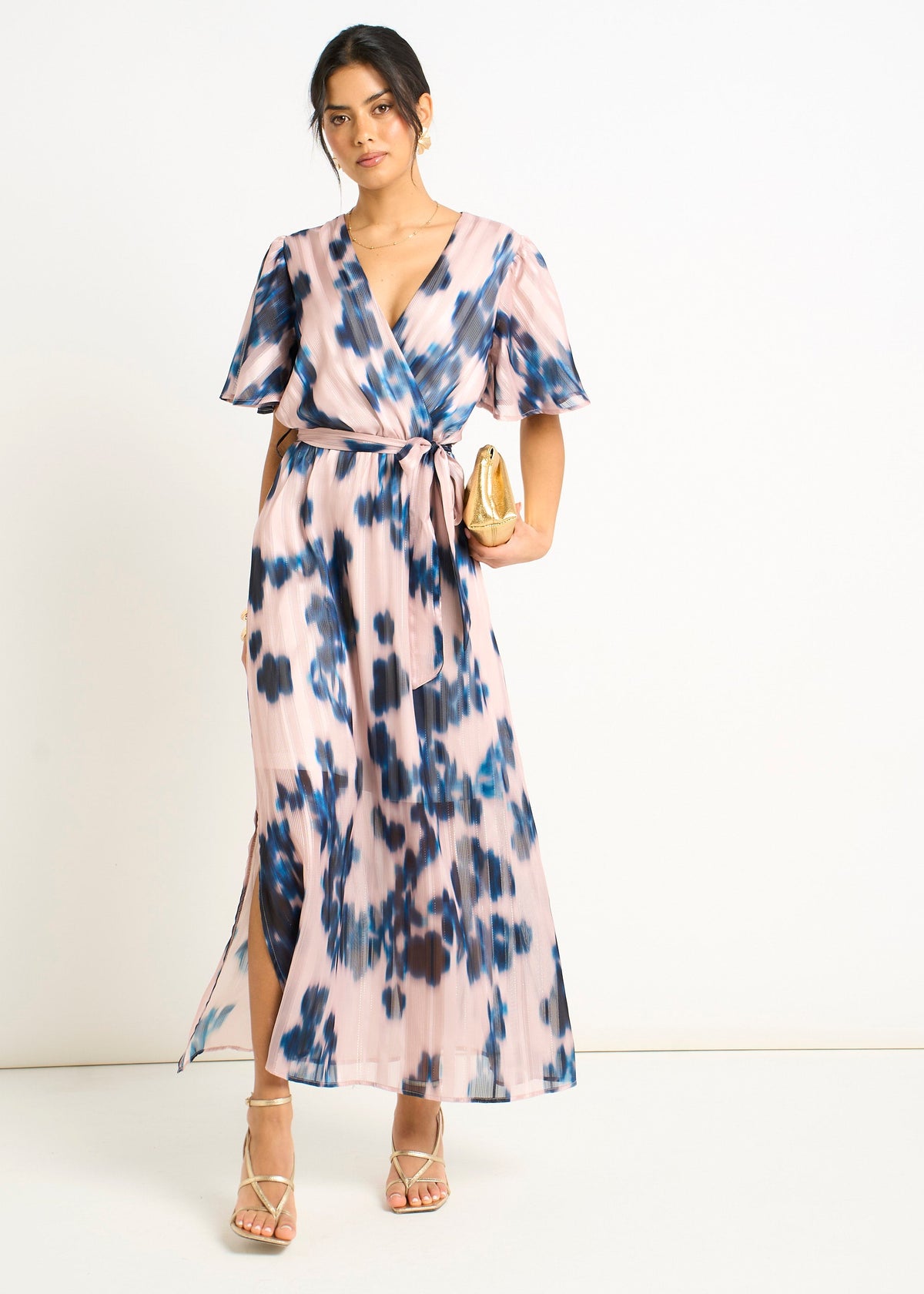 Gini London Champagne Blur Print Wrap Midi Dress