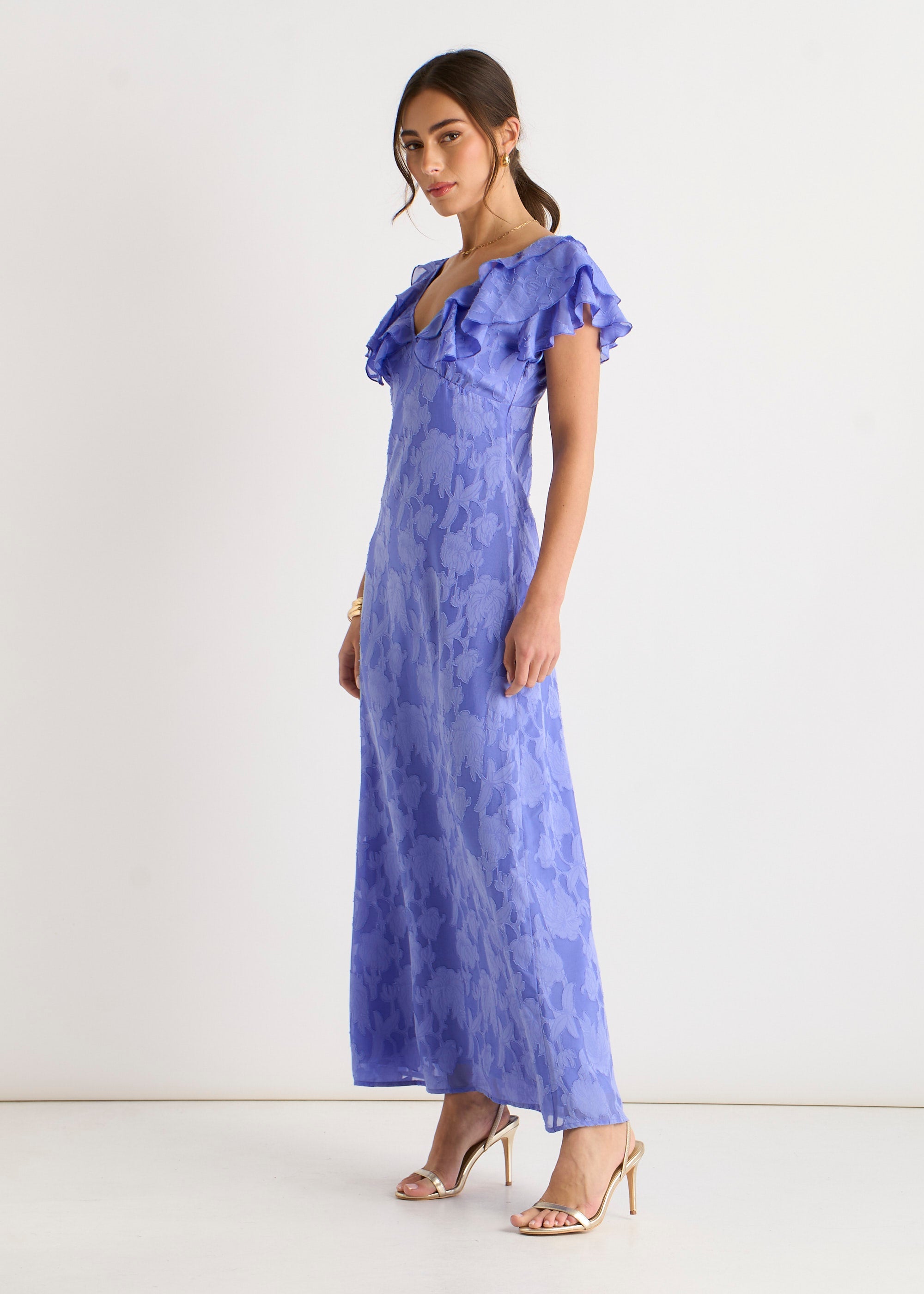 Gini London Blue Satin Jacquard Ruffle Maxi Dress
