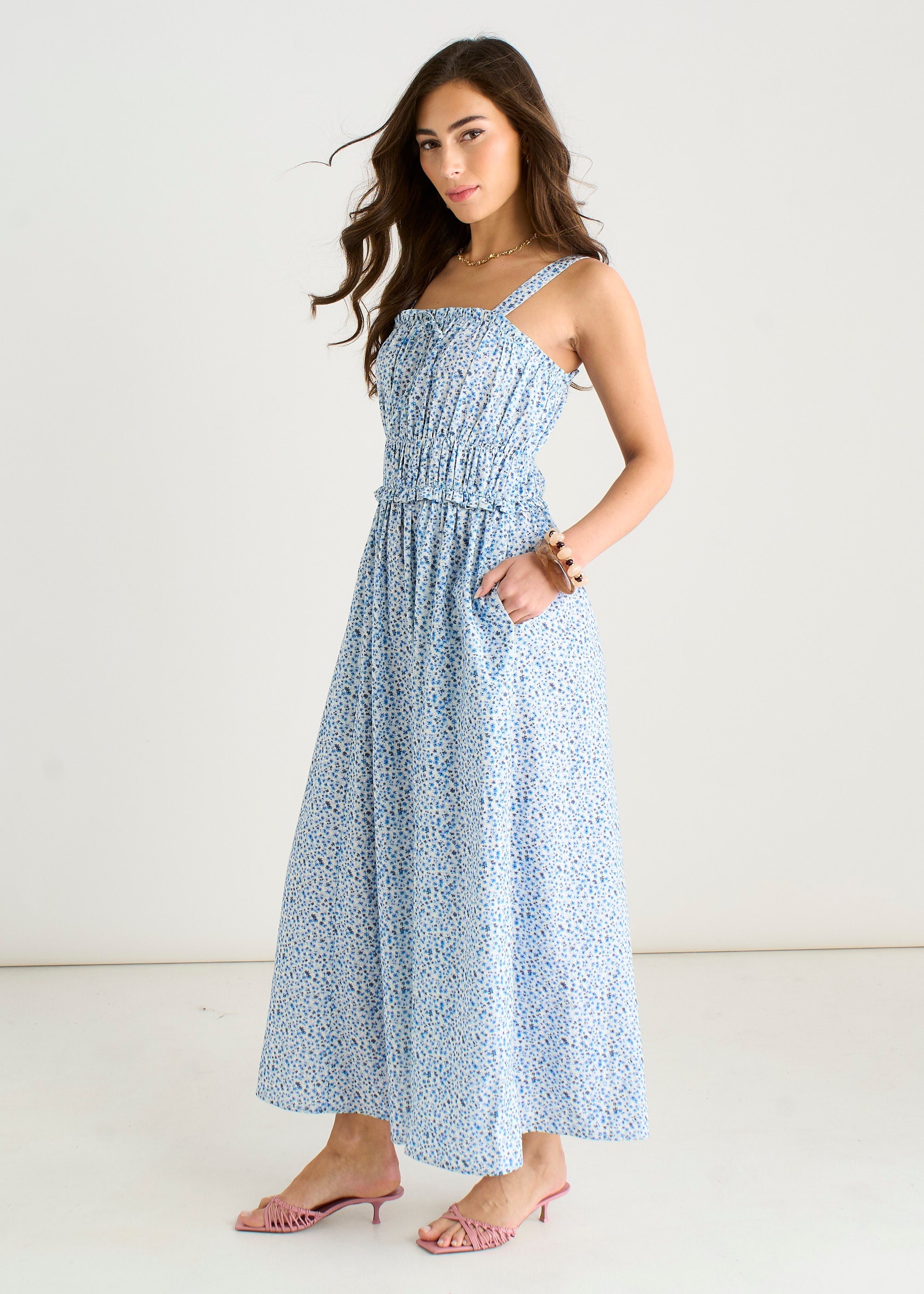 Gini London Blue Ditsy Floral Shirred Bodice Midi Dress