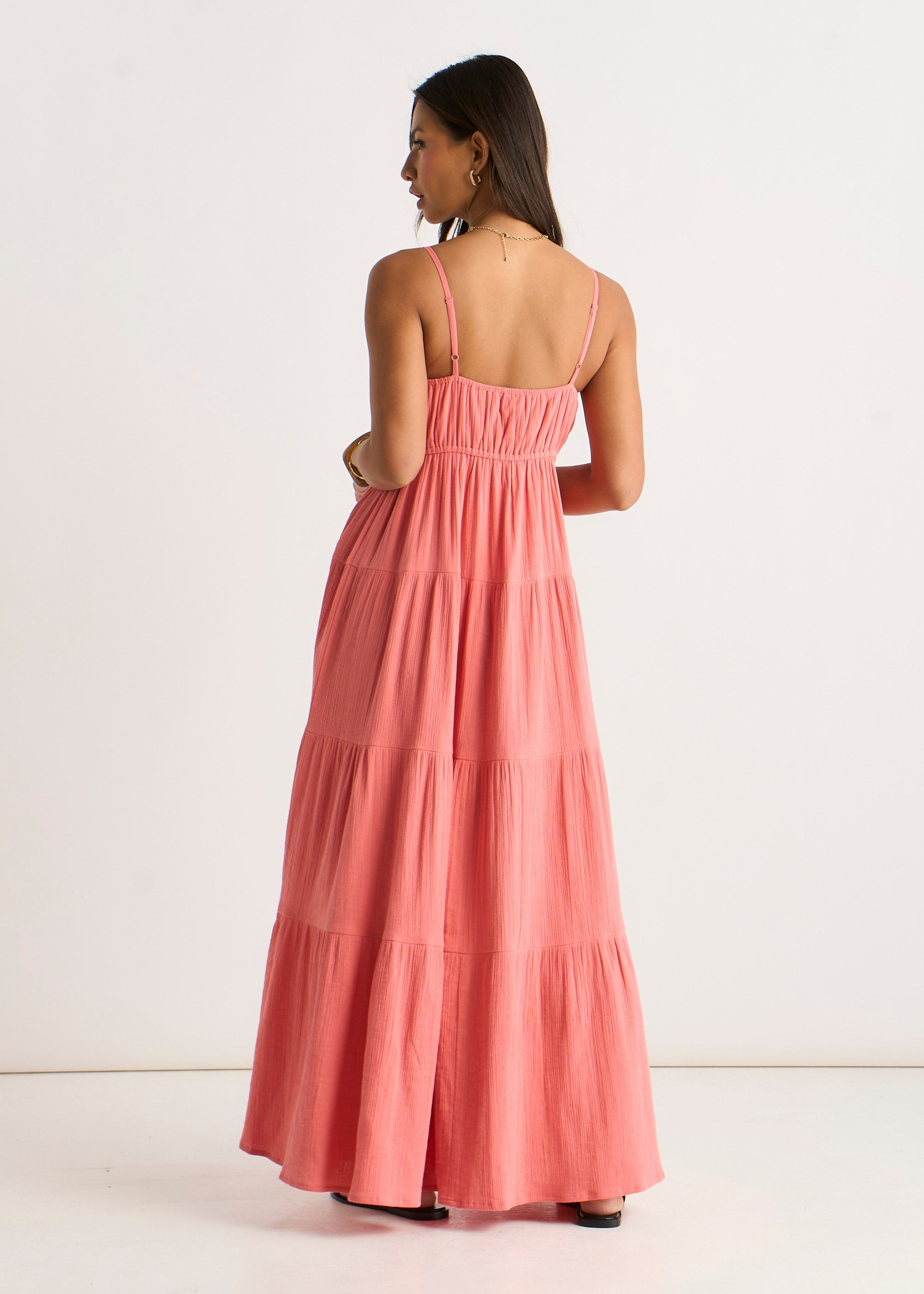 Gini London Coral Double Gauze Tierred Cami Maxi Dress