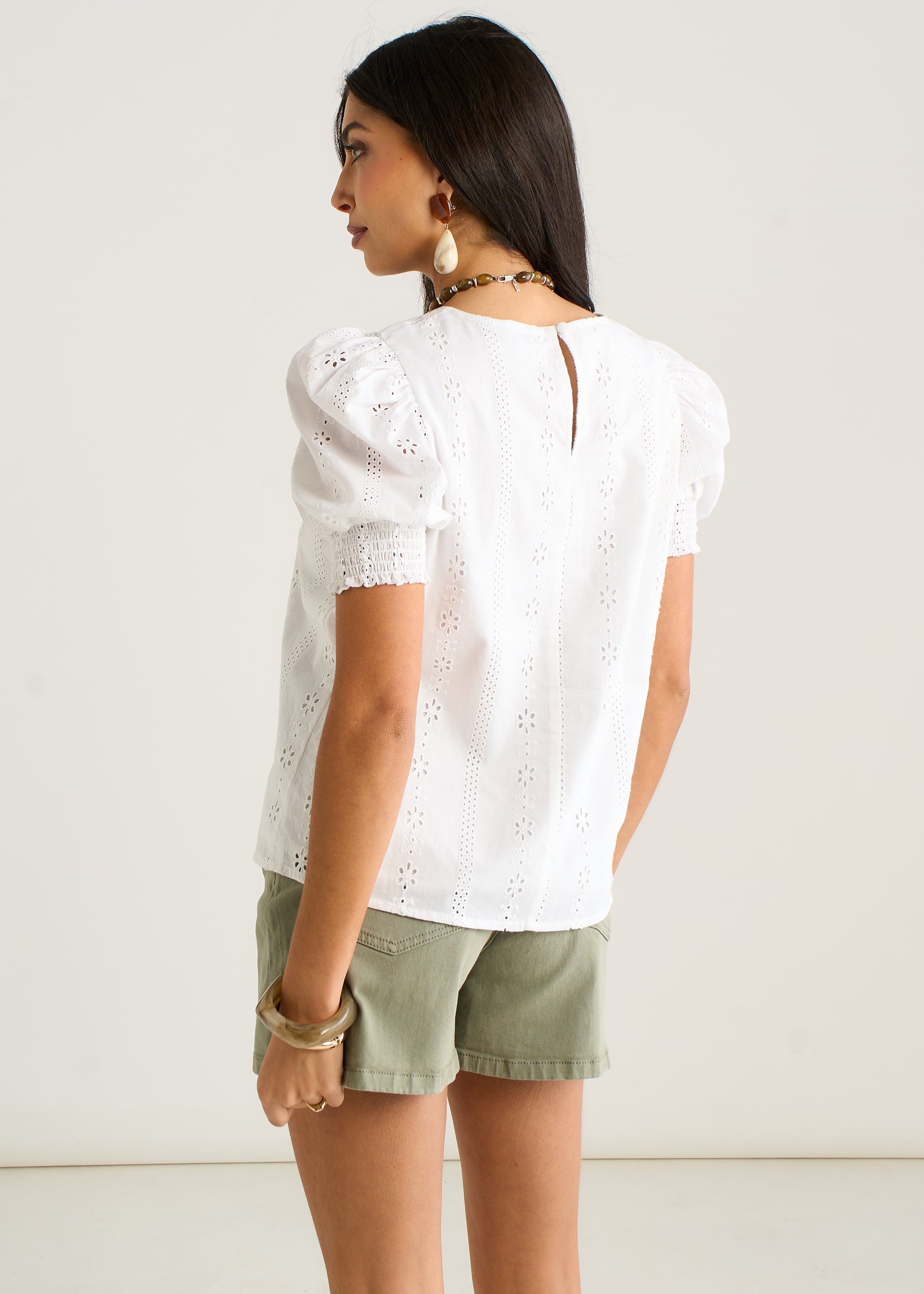 Gini London Cream Broderie Anglaise Puff Sleeves Top
