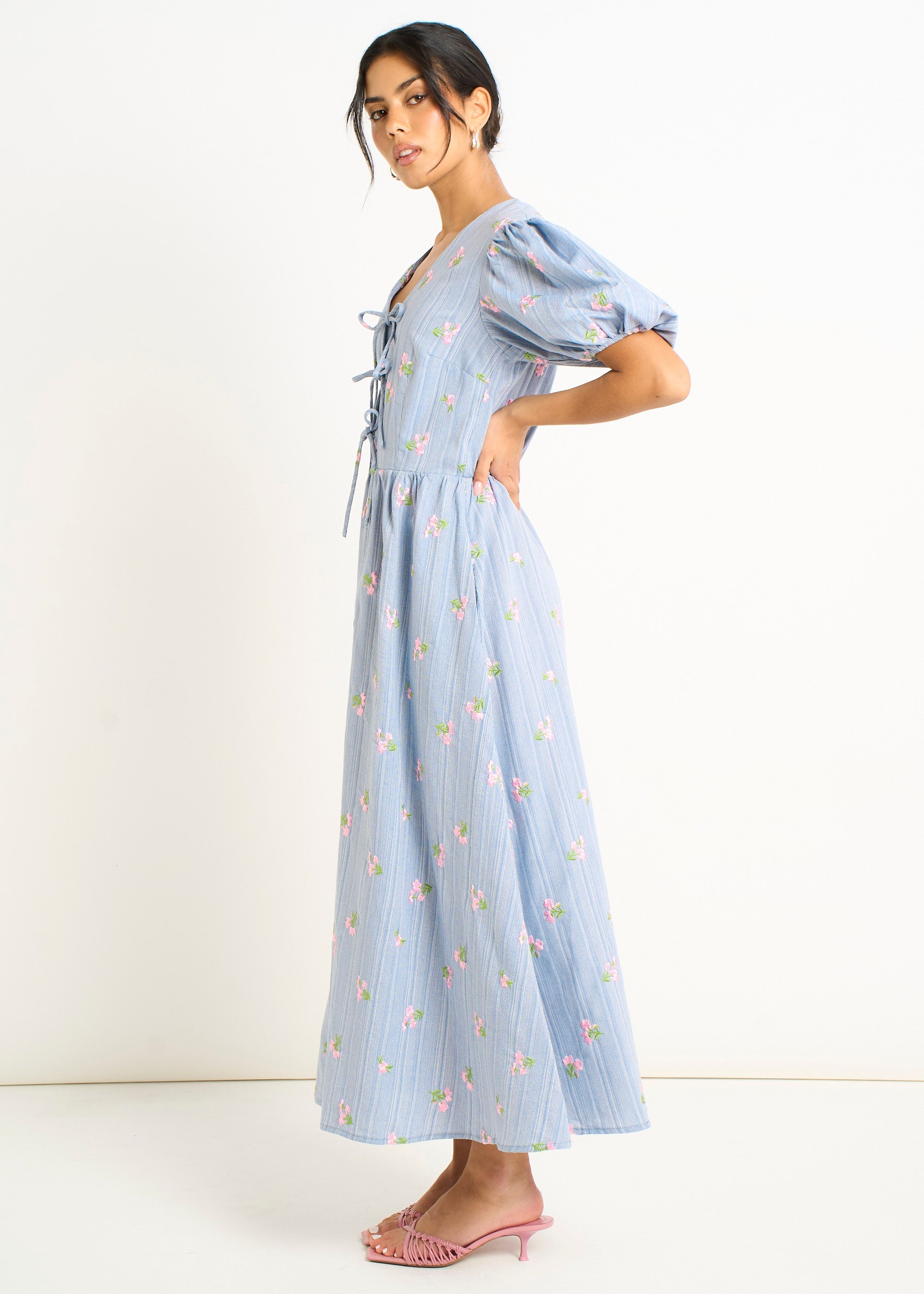 Gini London Blue Cotton Mix Tie Detail Puff Sleeves Midi Dress