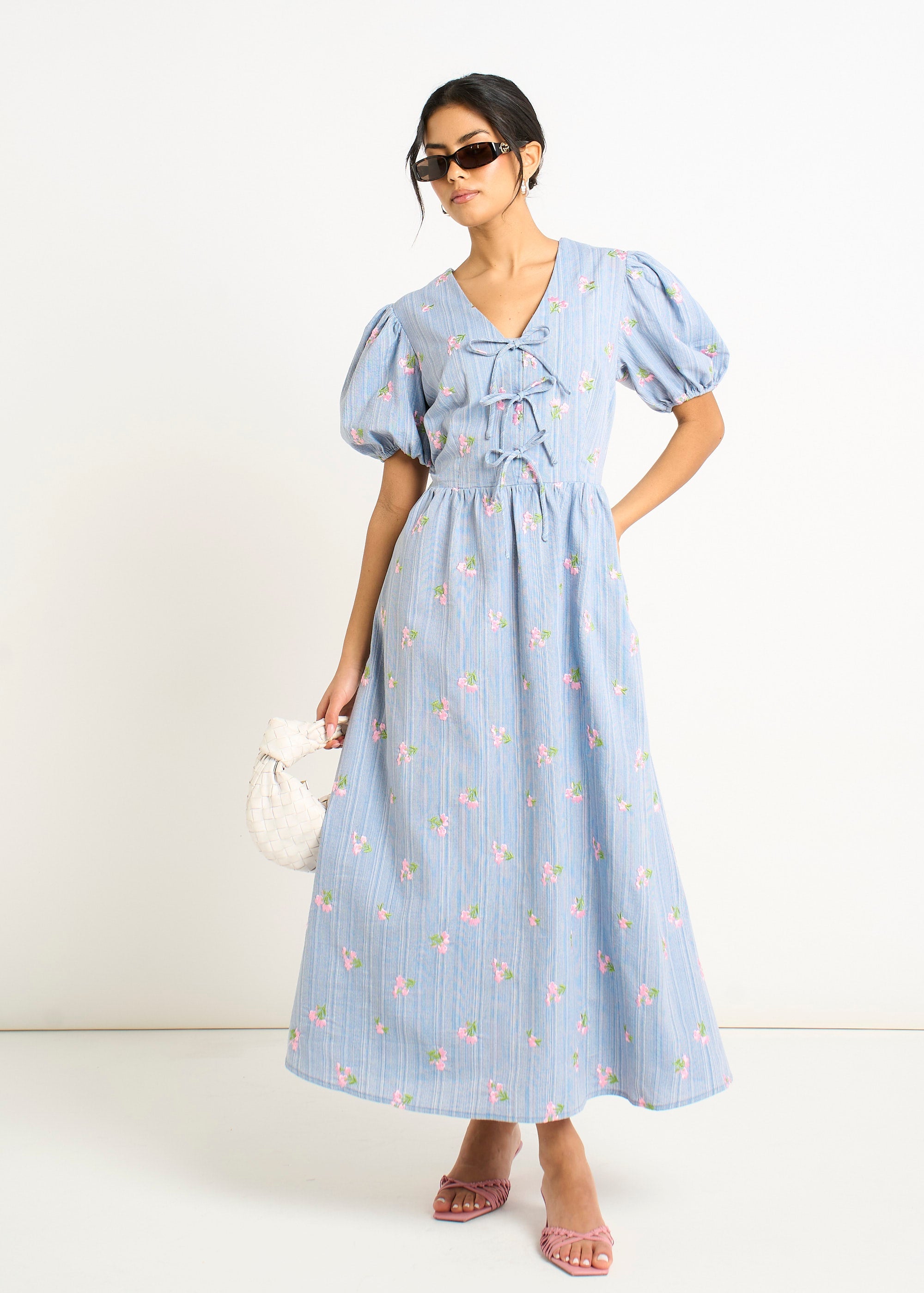 Gini London Blue Cotton Mix Tie Detail Puff Sleeves Midi Dress