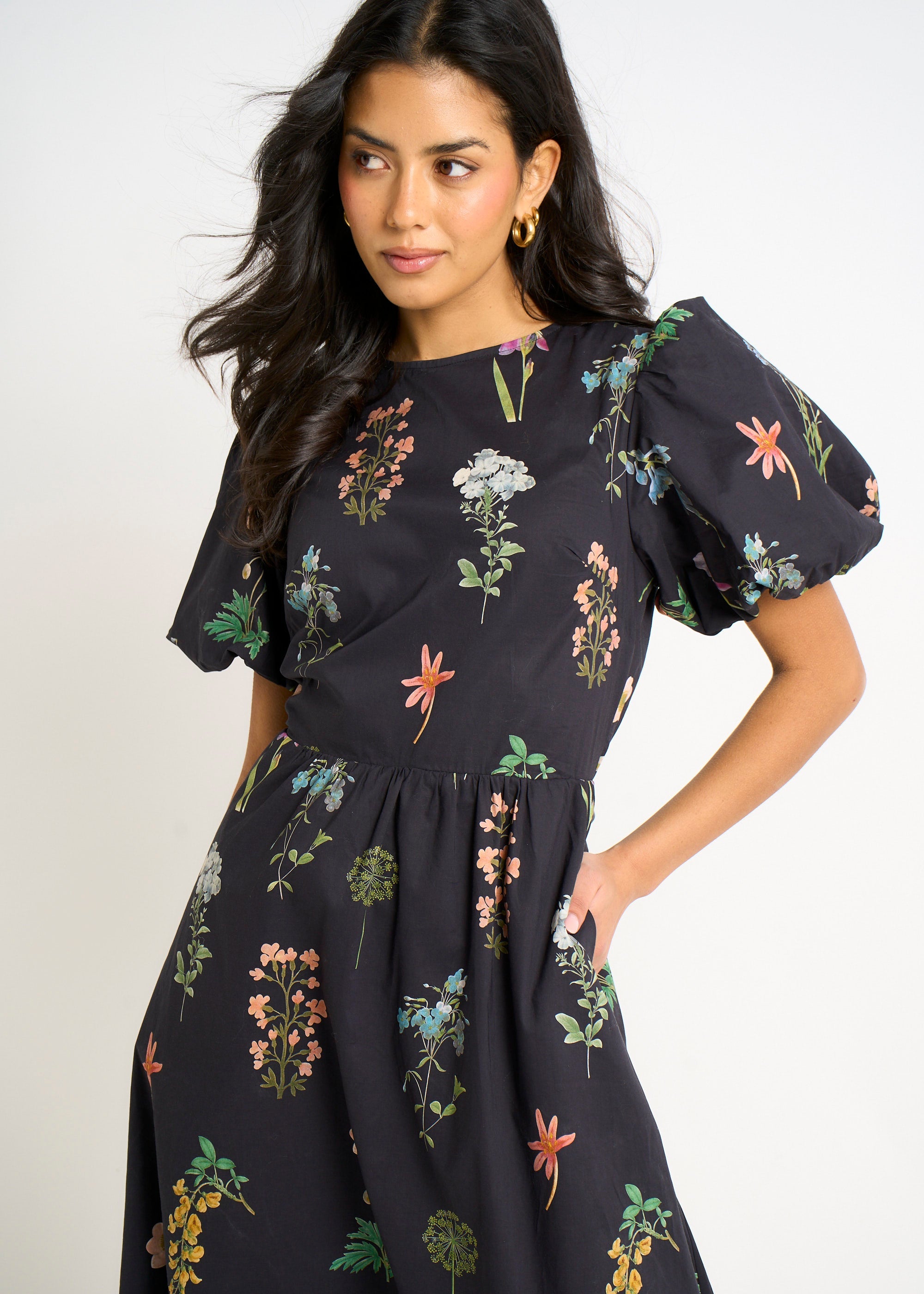 Gini London Navy Cotton Floral Print Puff Ball Midi Dress