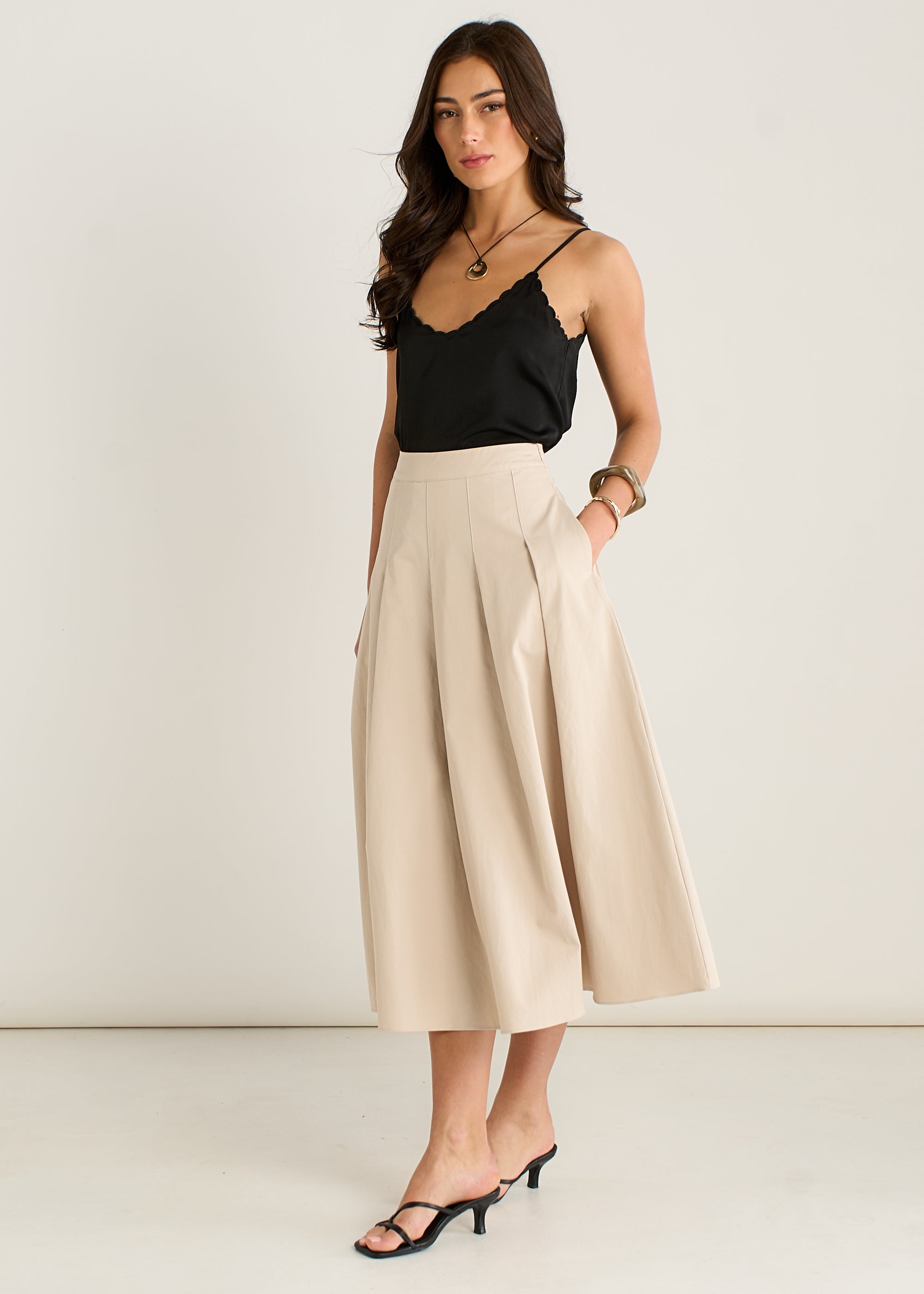 Stone Cotton Pleated Full Midi Skirt