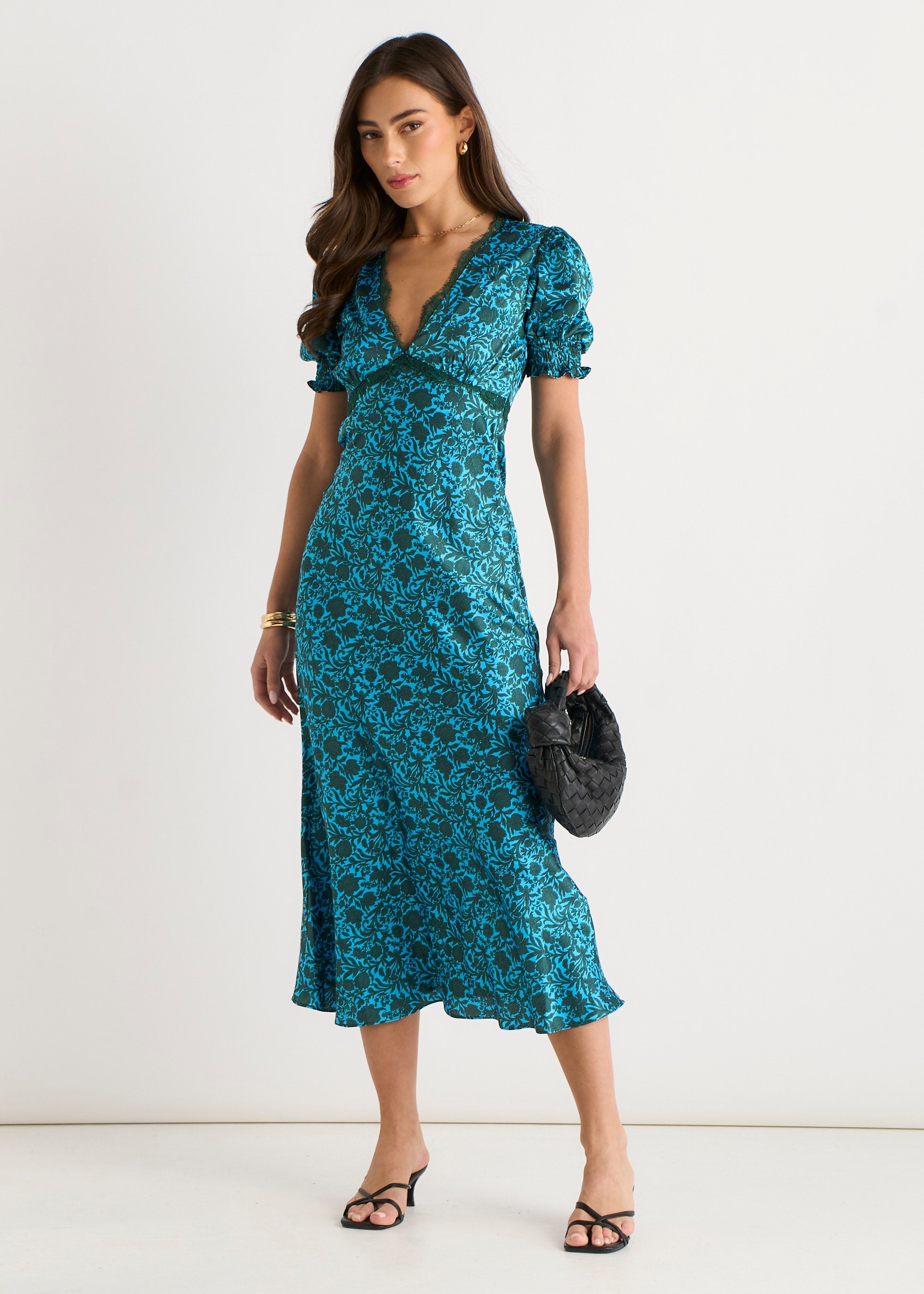 Gini London Green Floral Lace Trim V Neck Midi Dress