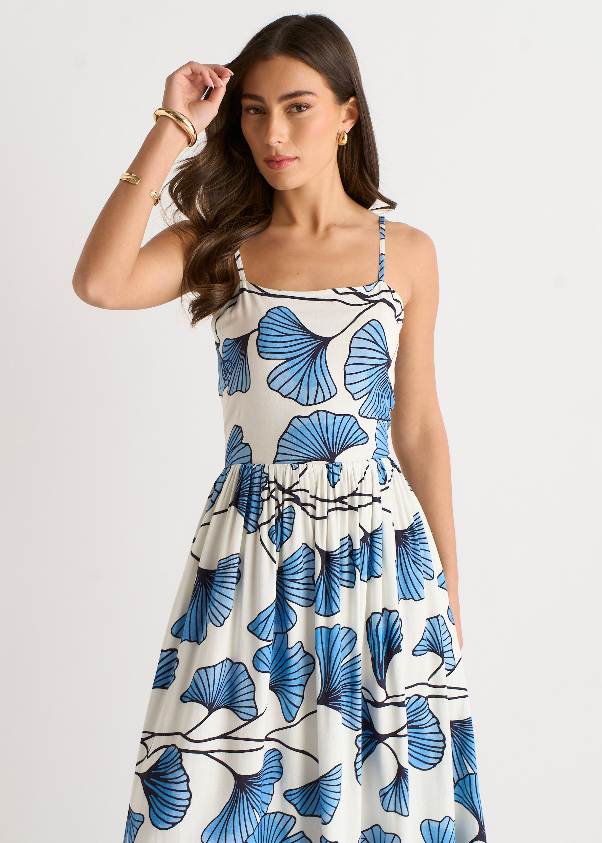 Gini London Blue Floral Linen Mix Cami Dress