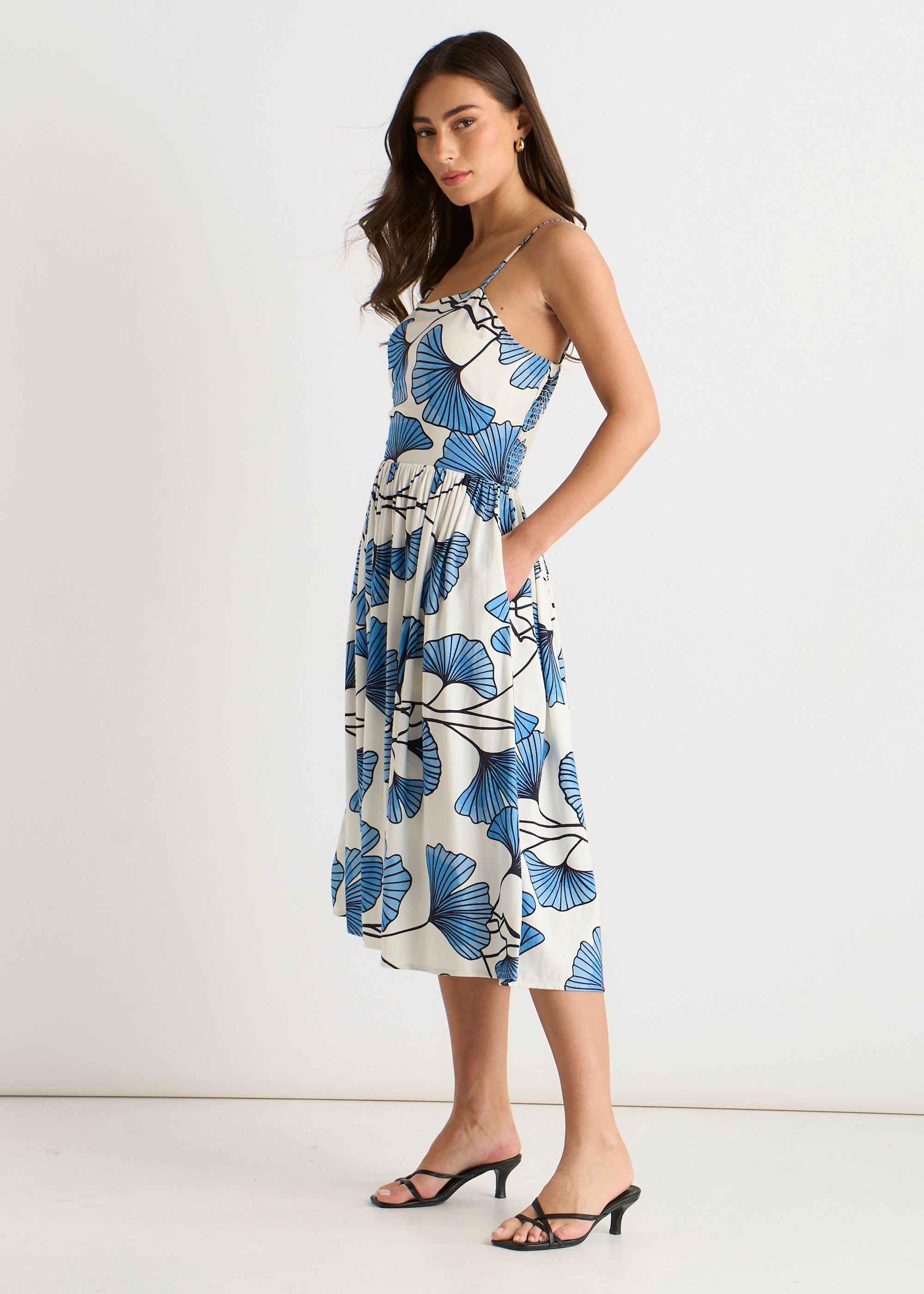 Gini London Blue Floral Linen Mix Cami Dress