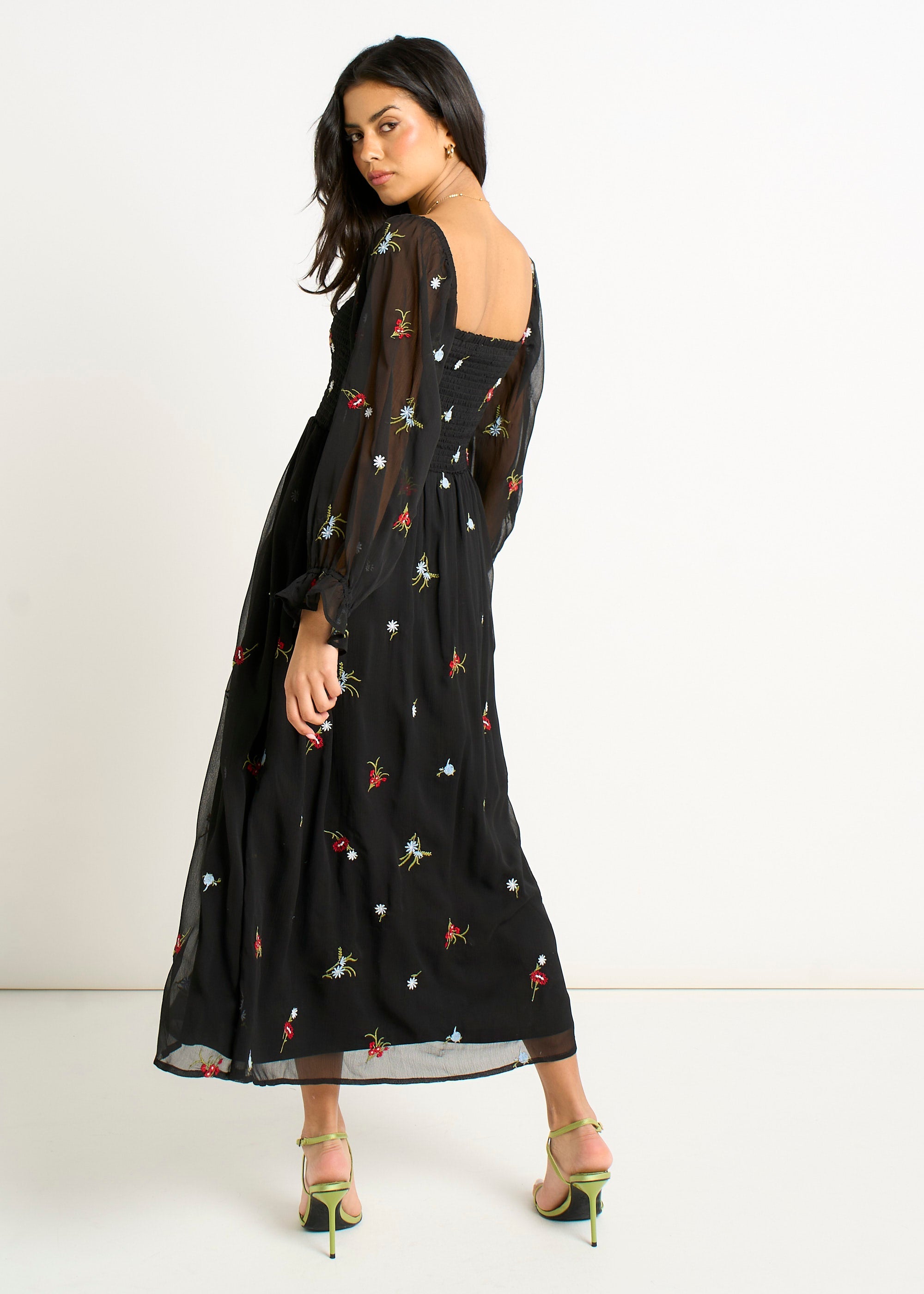 Gini London Black Chiffon Floral Embroidered Dress