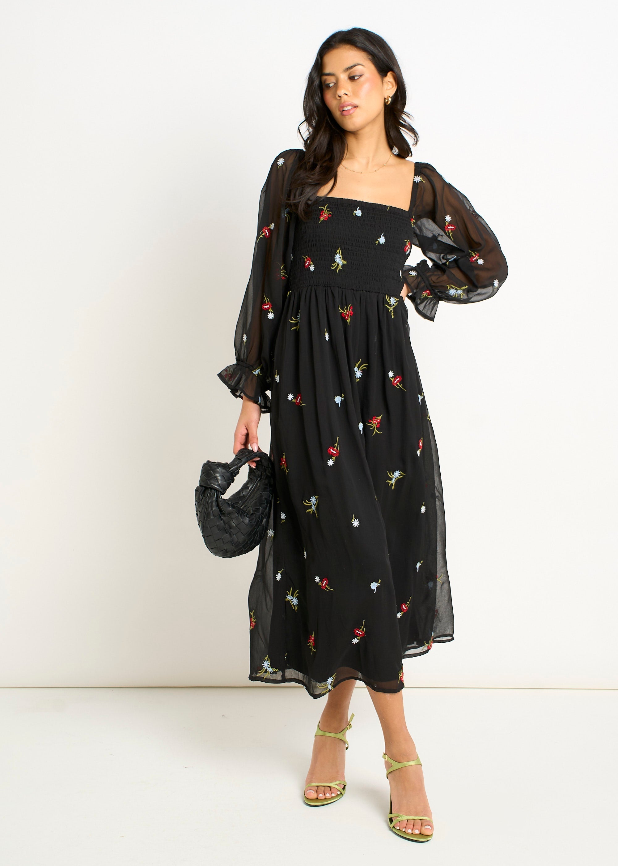 Gini London Black Chiffon Floral Embroidered Dress